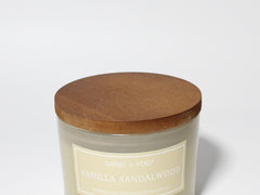 Vanilla Sandalwood 12 oz scented candle Flax vessel with wood lid