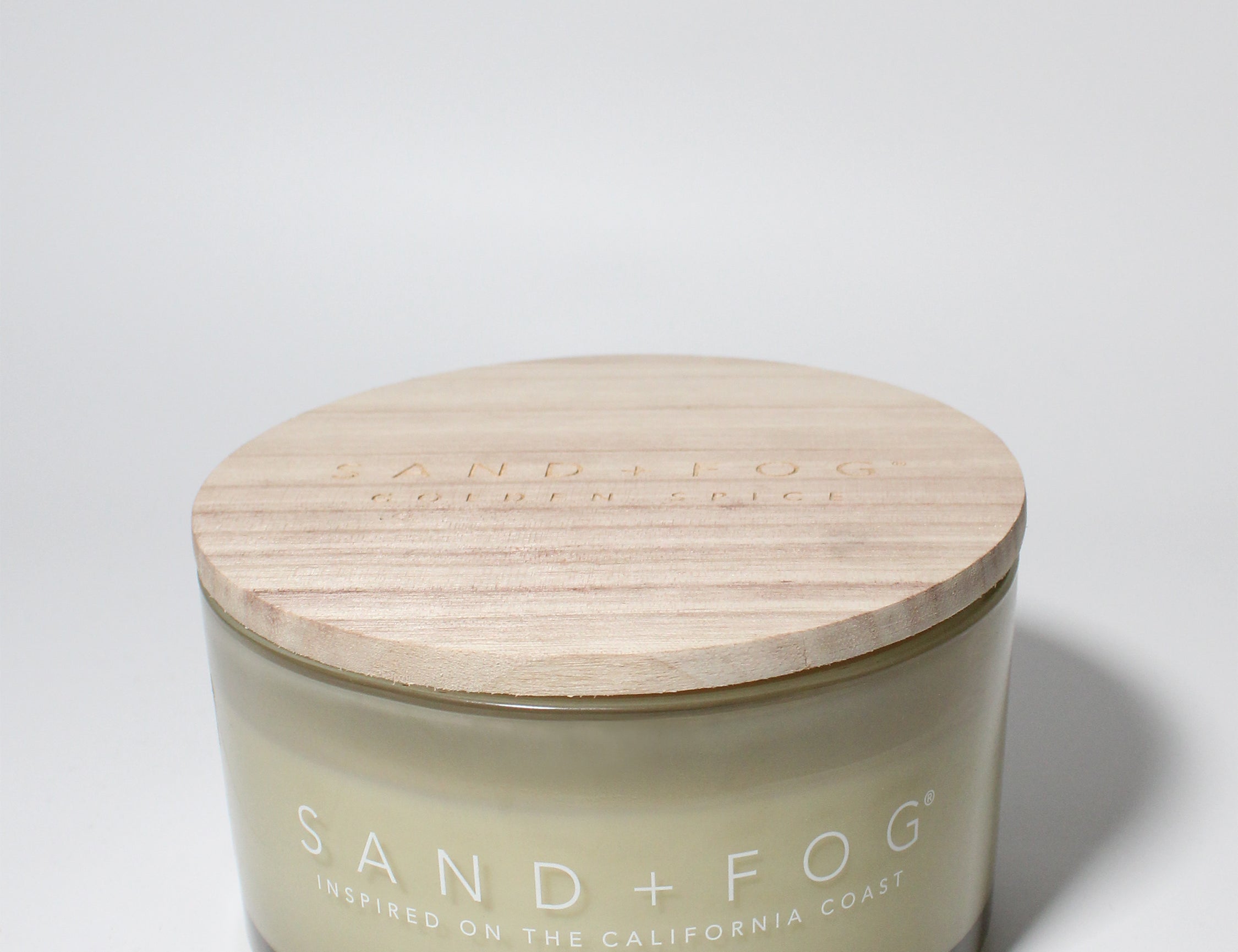 Golden Spice 23 oz scented Candle Flax vessel with Sand+Fog wood lid