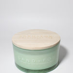 Eucalyptus Spa 23 oz scented candle Seafoam vessel with Sand+Fog wood lid