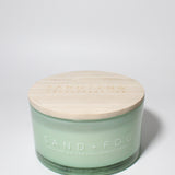 Eucalyptus Spa 23 oz scented candle Seafoam vessel with Sand+Fog wood lid