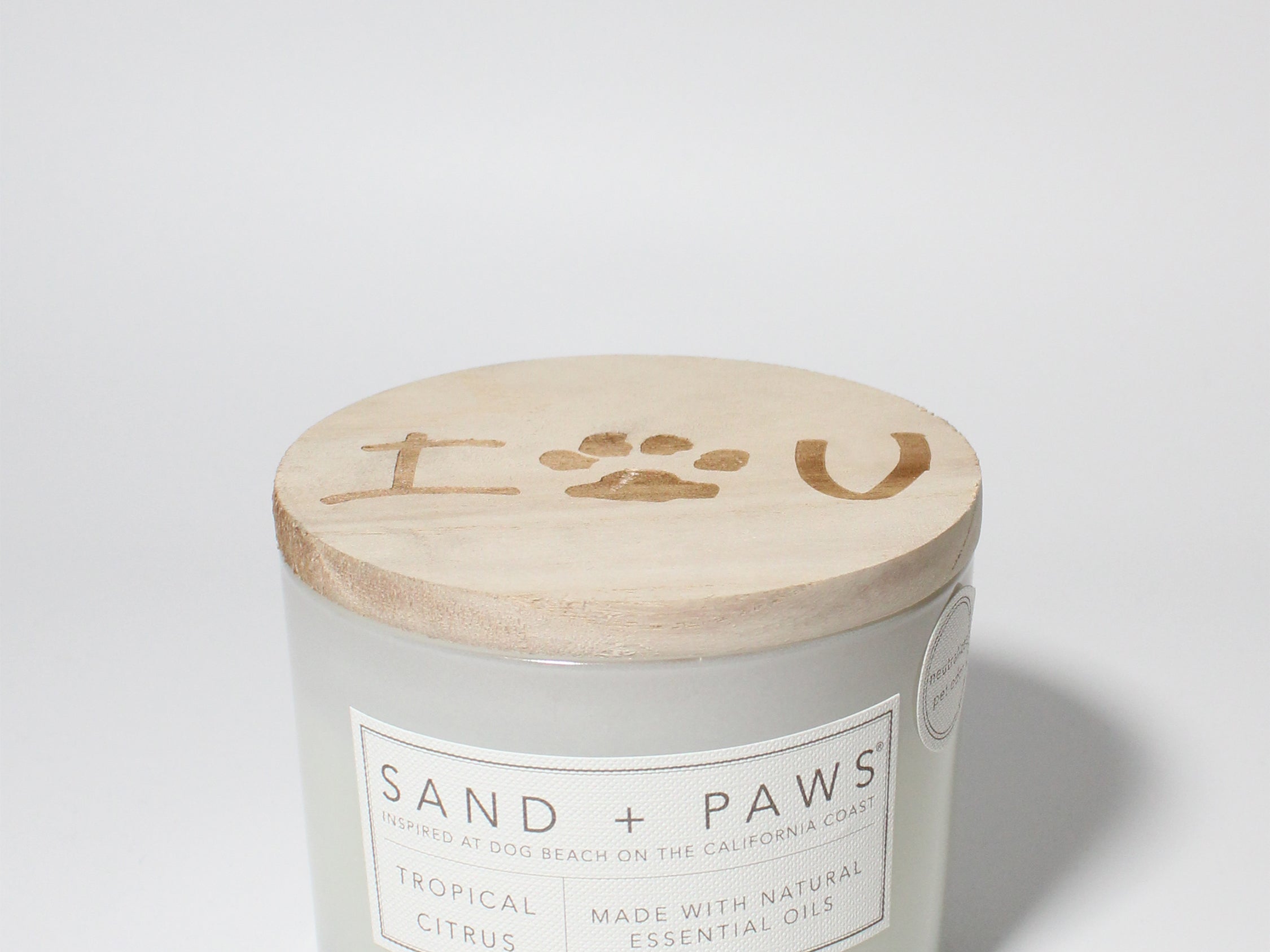 Sand + Paws Tropical Citrus 12 oz scented candle White vessel with I PAW YOU carved lid