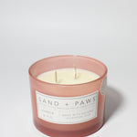 Sand + Paws Amber & Fig 12 oz scented candle Melon vessel with Carved Stay Pawsitive Lid