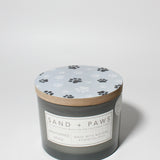 Sand + Paws Weathered Spice 12 oz scented candle Gray vessel with Painted Paw Print Lid