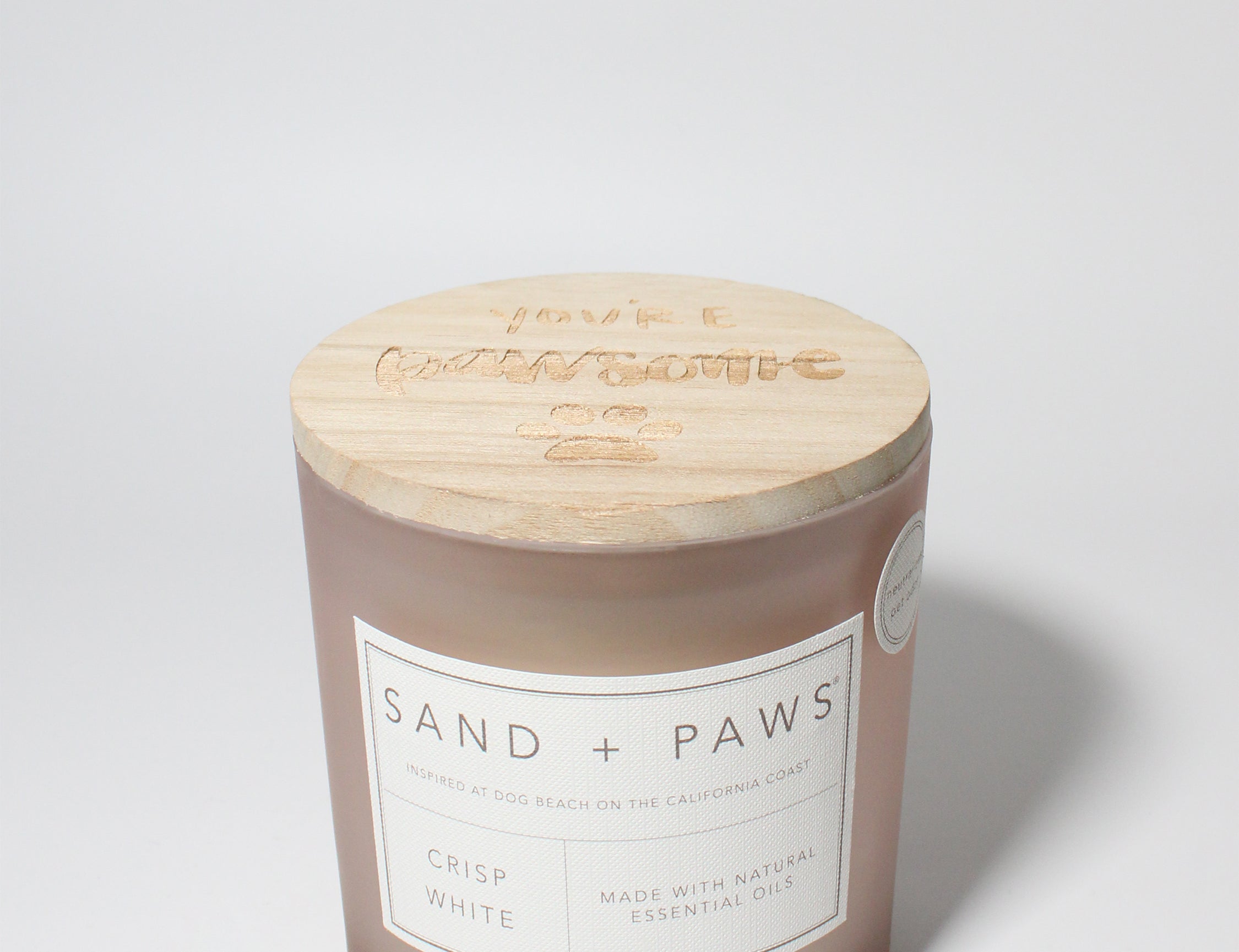 Sand + Paws Crisp White 21 oz scented candle Blush vessel with You're Pawsome wood lid