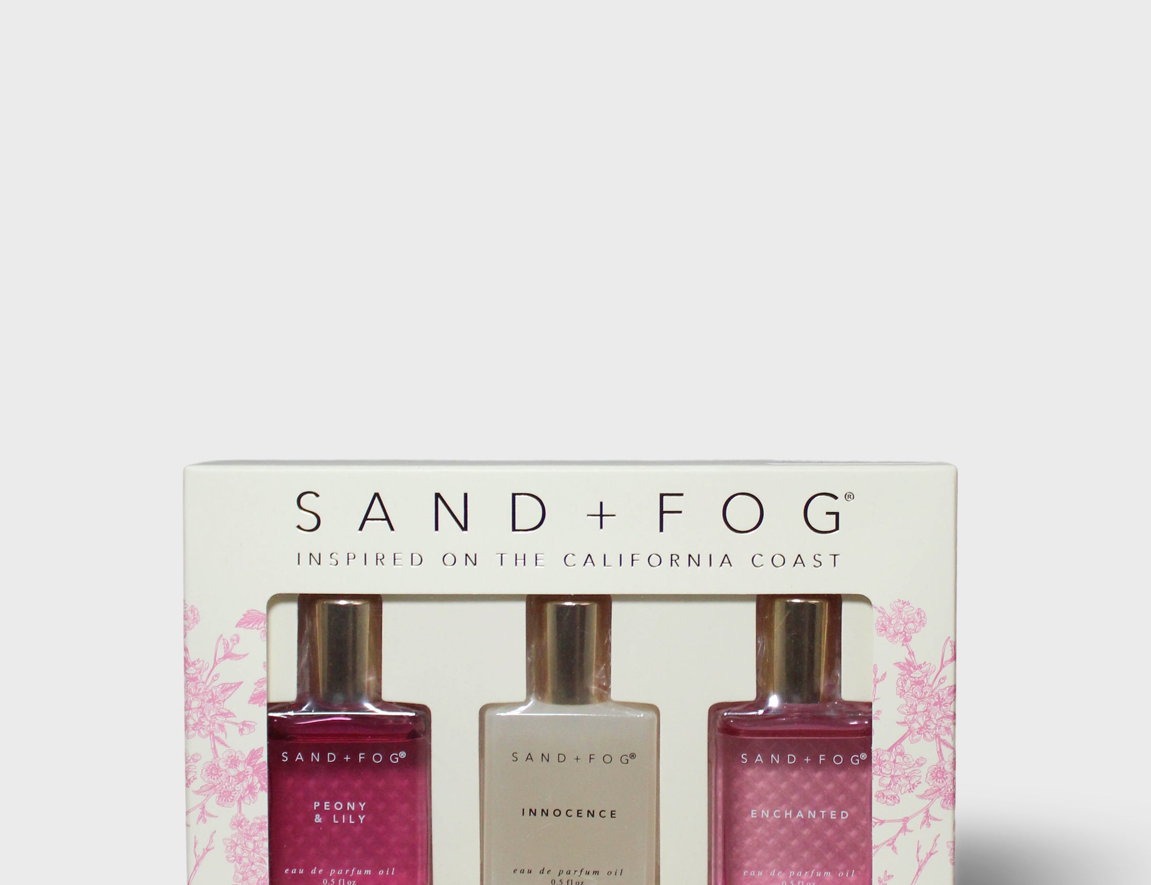 Sand+Fog perfume oil discovery set box with three rollerball bottles