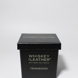 Whiskey and Leather Teakwood 16 oz scented candle Black vessel with black lid