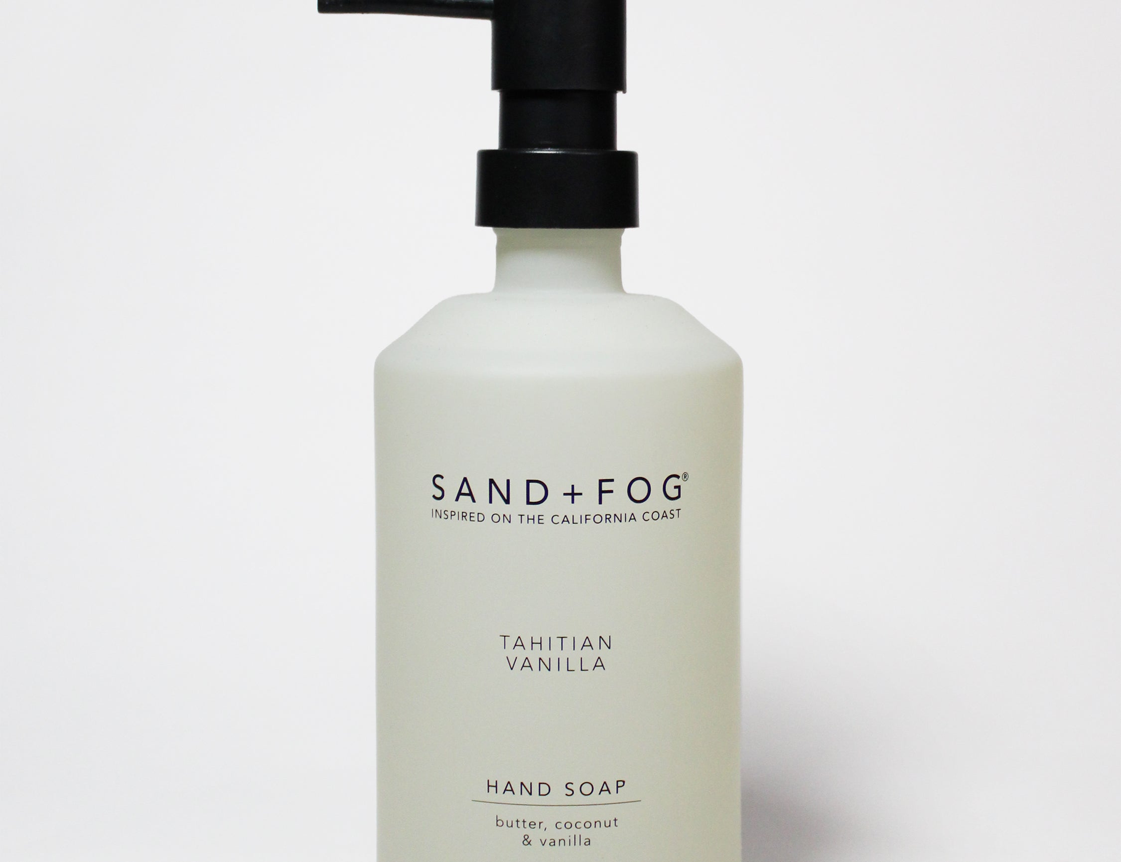 Off-white liquid hand soap bottle with black pump; Tahitian Vanilla label