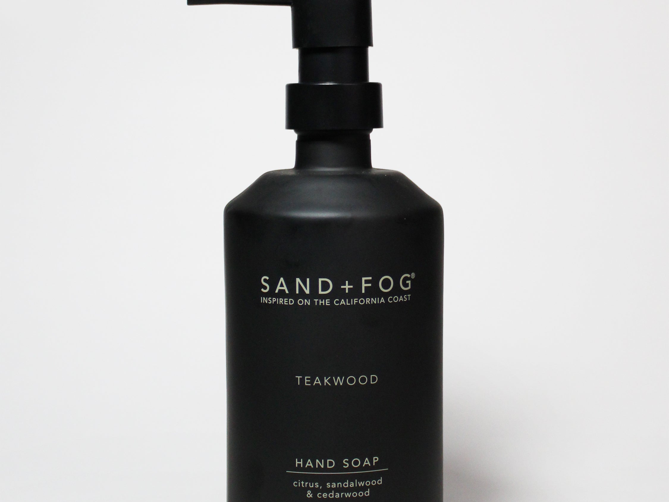 Teakwood liquid hand soap in black pump bottle, SANDFOG label
