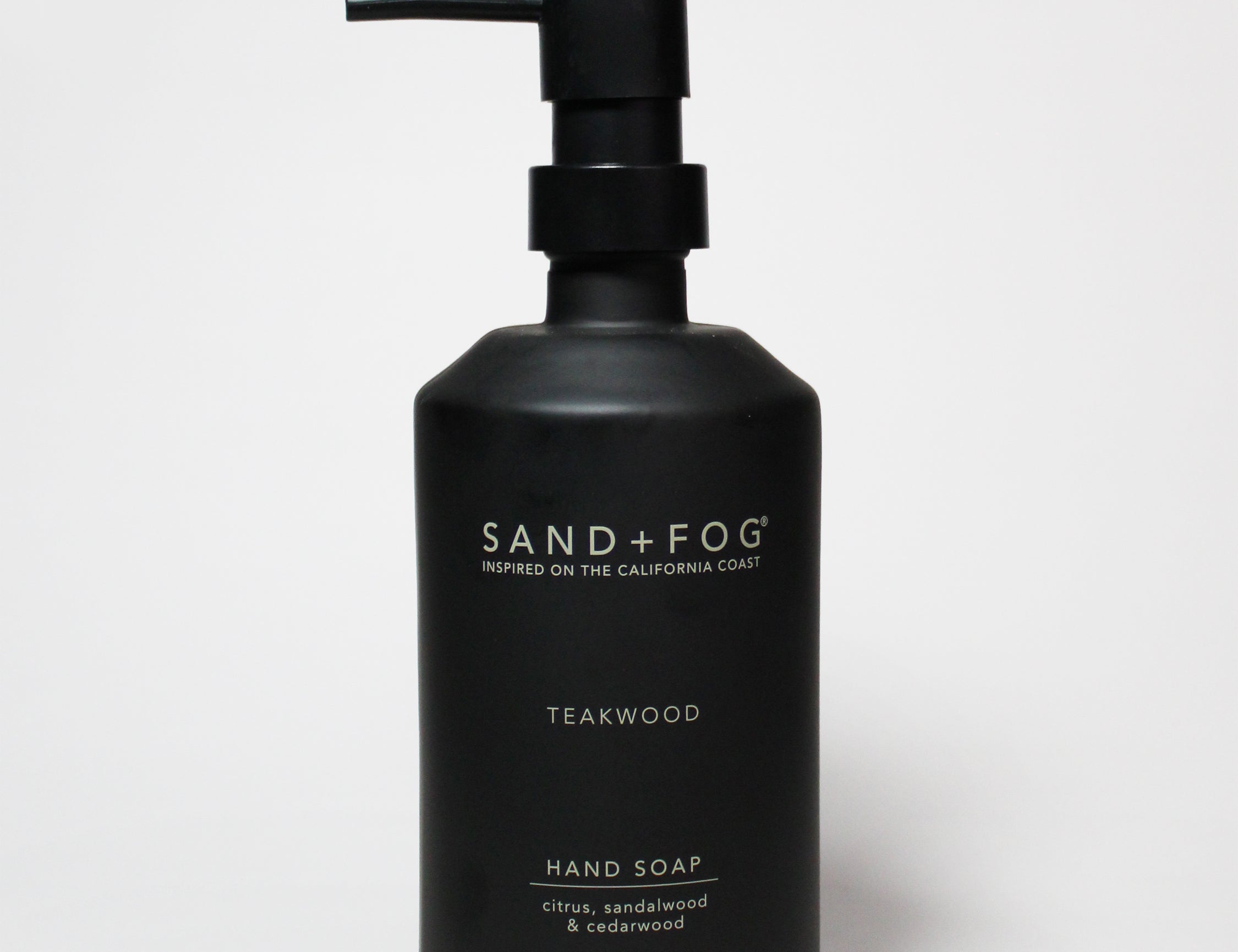 Teakwood liquid hand soap in black pump bottle, SANDFOG label