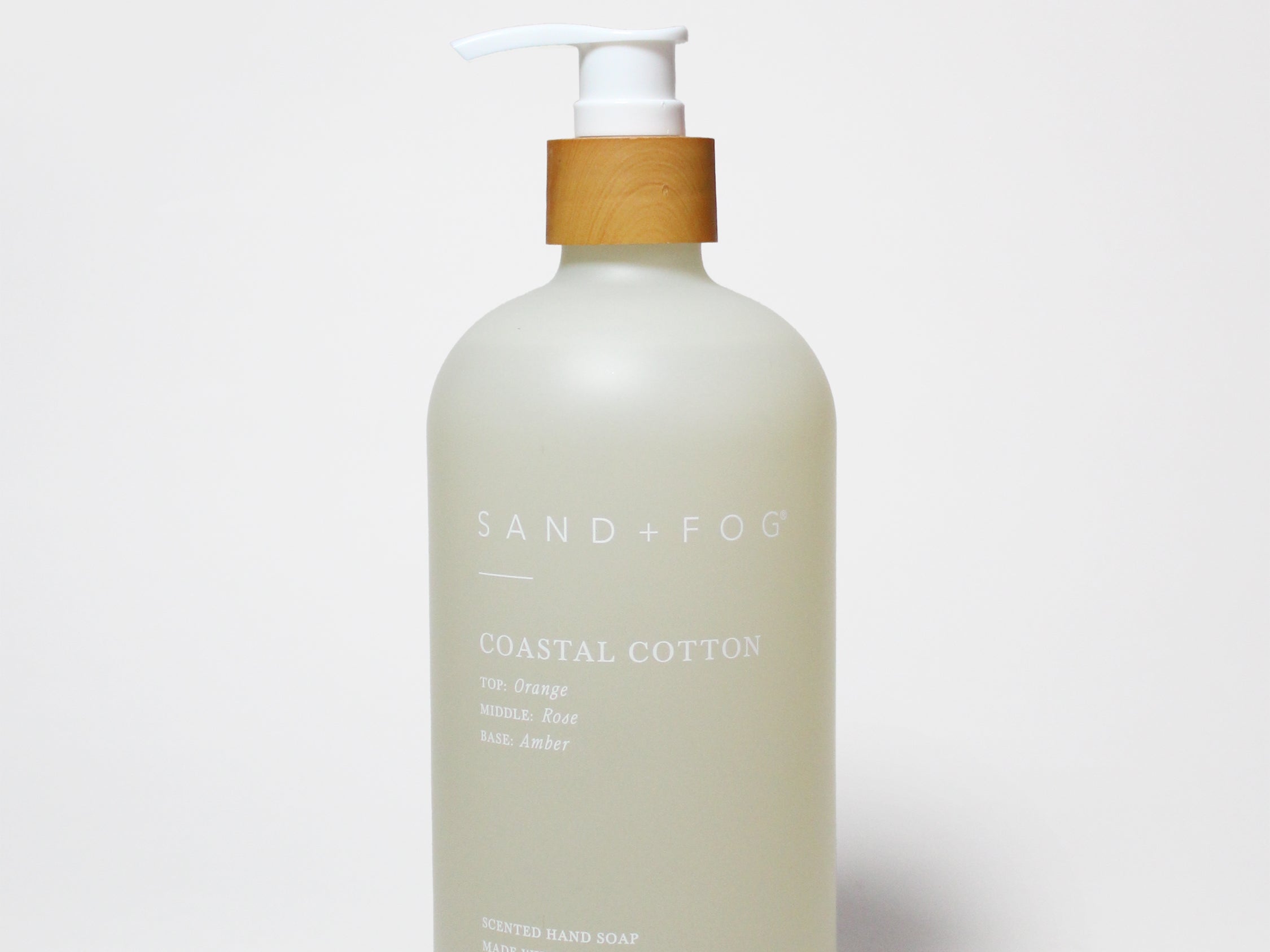 Liquid hand soap bottle with pump, frosted pale green, Sand+Fog Coastal Cotton label