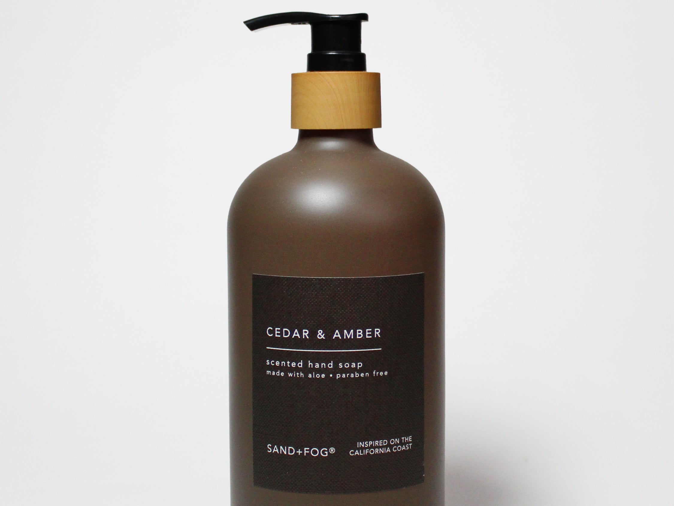 Cedar & Amber 15.7 oz hand soap pump bottle, brown glass with black dispenser