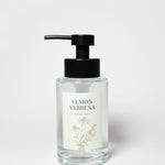Glass liquid hand soap bottle with black pump, Lemon Verbena label