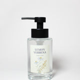Glass liquid hand soap bottle with black pump, Lemon Verbena label