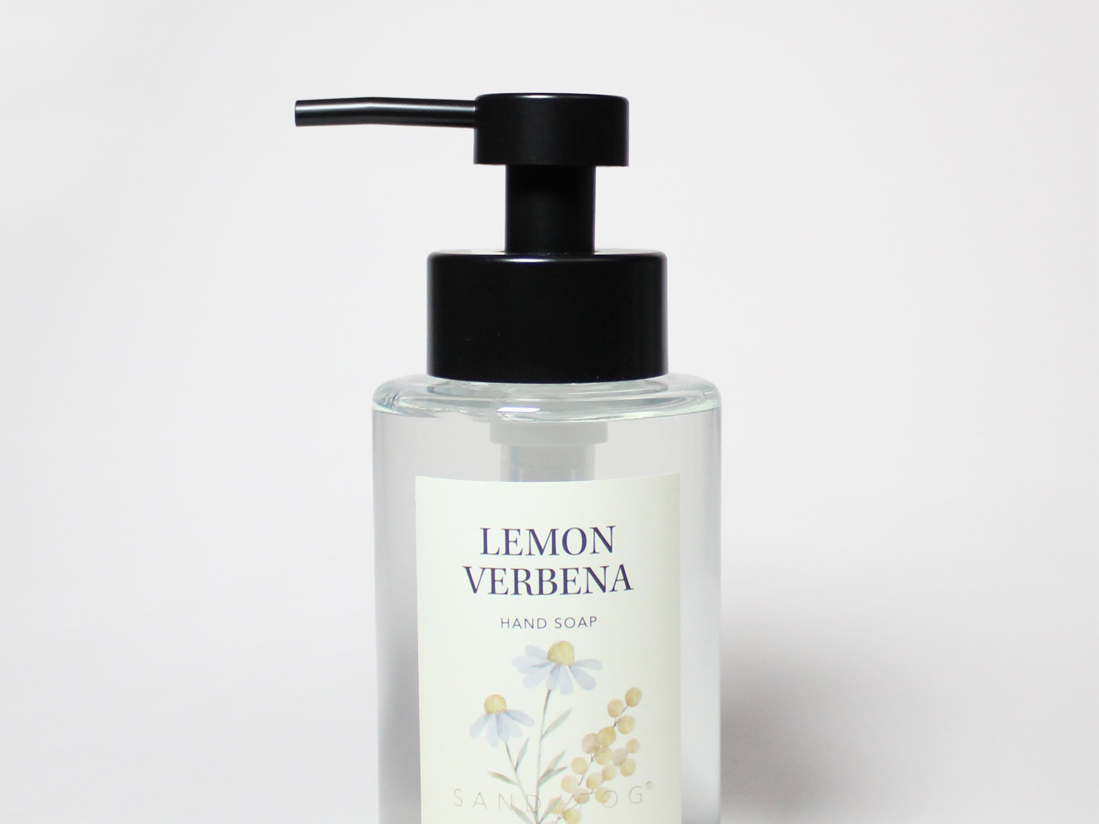 Glass liquid hand soap bottle with black pump, Lemon Verbena label