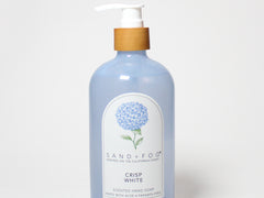 Blue liquid hand soap bottle with white pump, illustrated hydrangea label