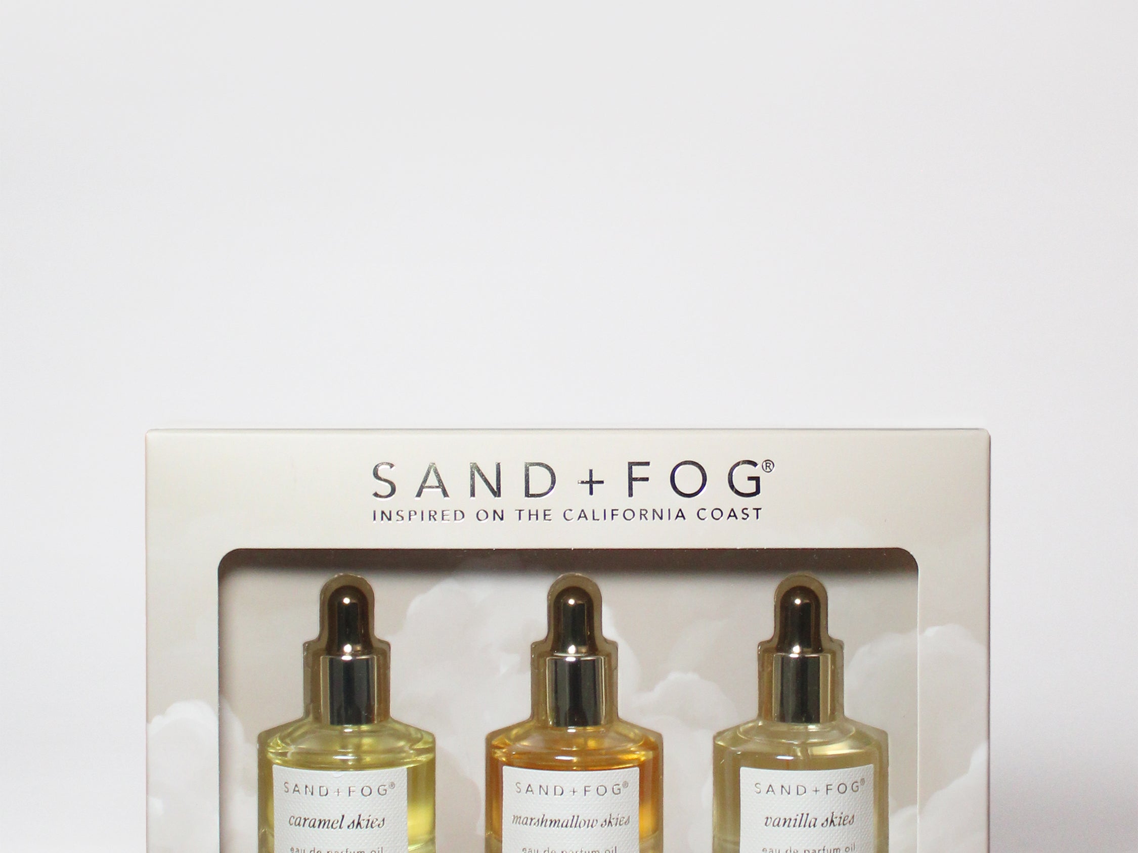 Perfume oil dropper set in box, three glass bottles with gold droppers, Cloud Nine Collection