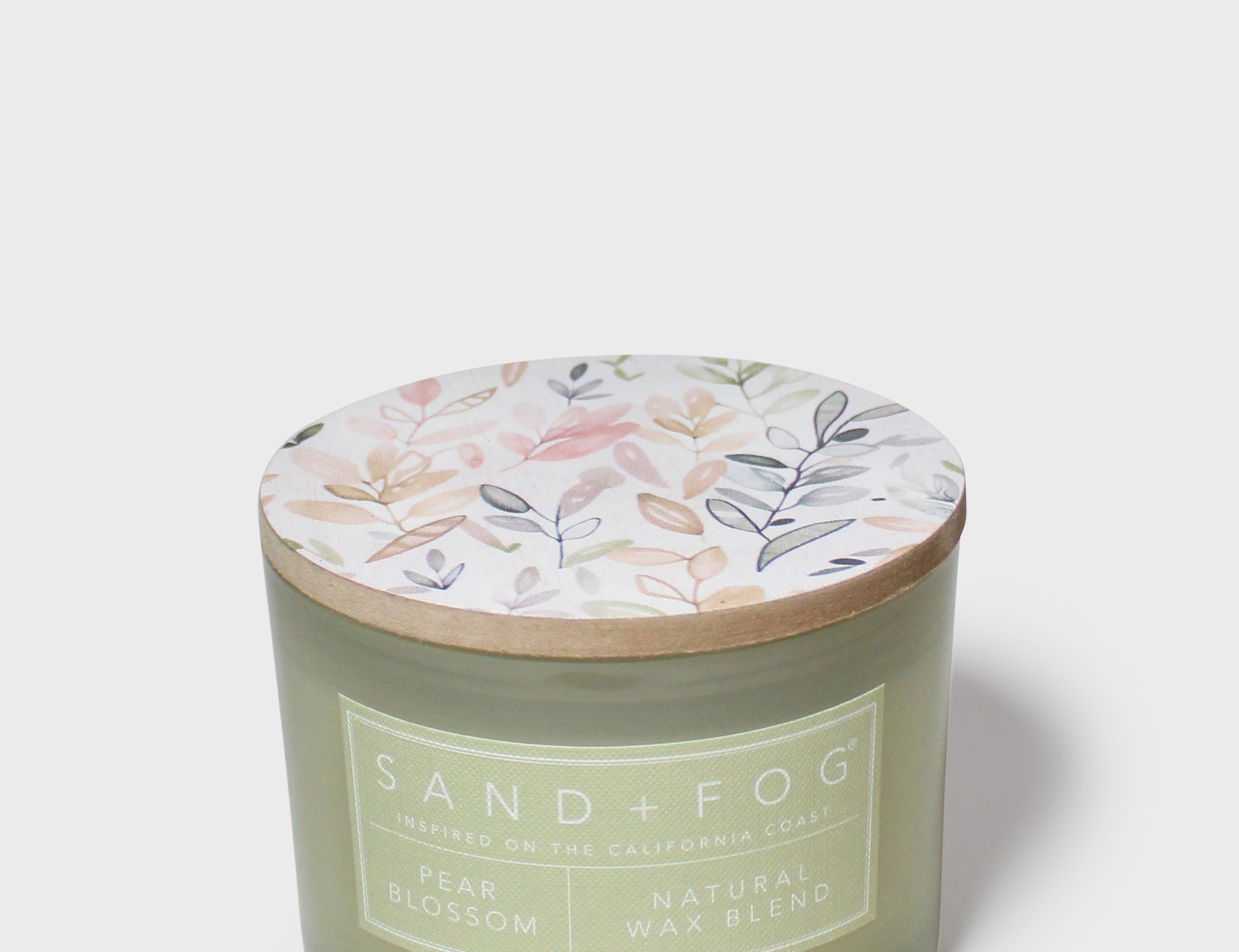 Sand + Fog pear blossom scented candle in green glass jar with two wicks