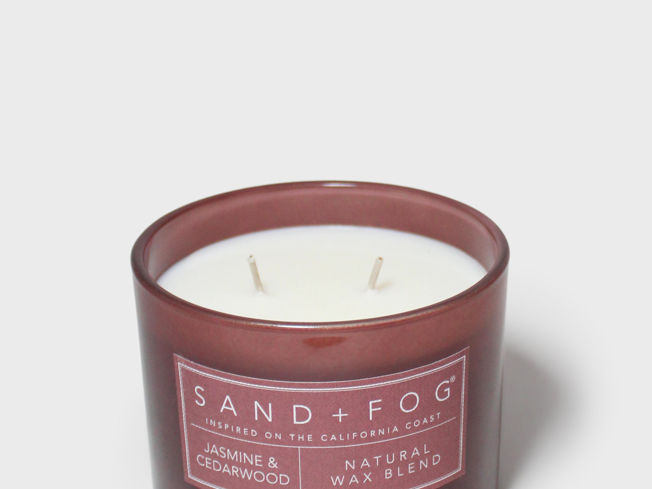 SAND + FOG jasmine and cedarwood scented candle with wicks in brown glass jar