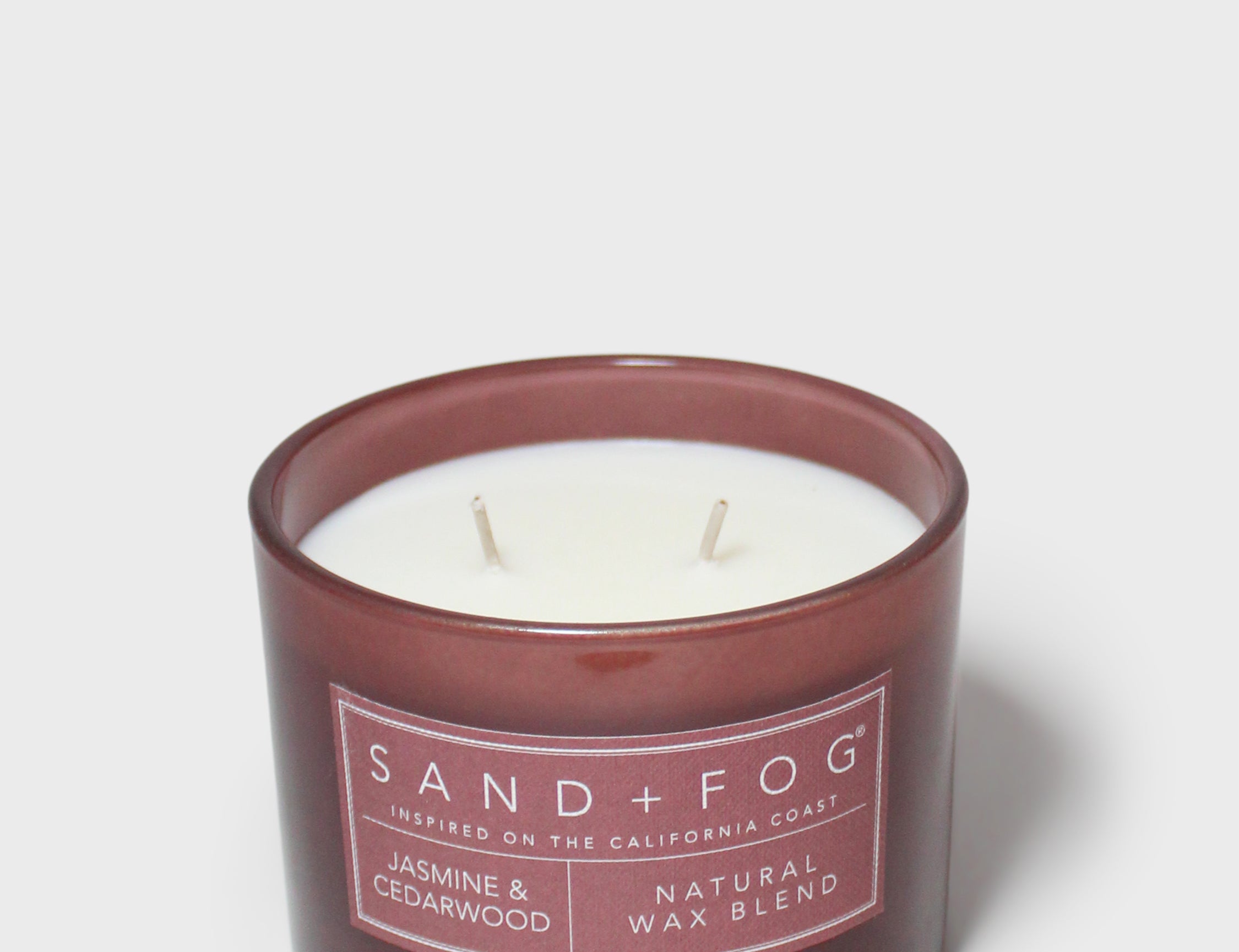 SAND + FOG jasmine and cedarwood scented candle with wicks in brown glass jar