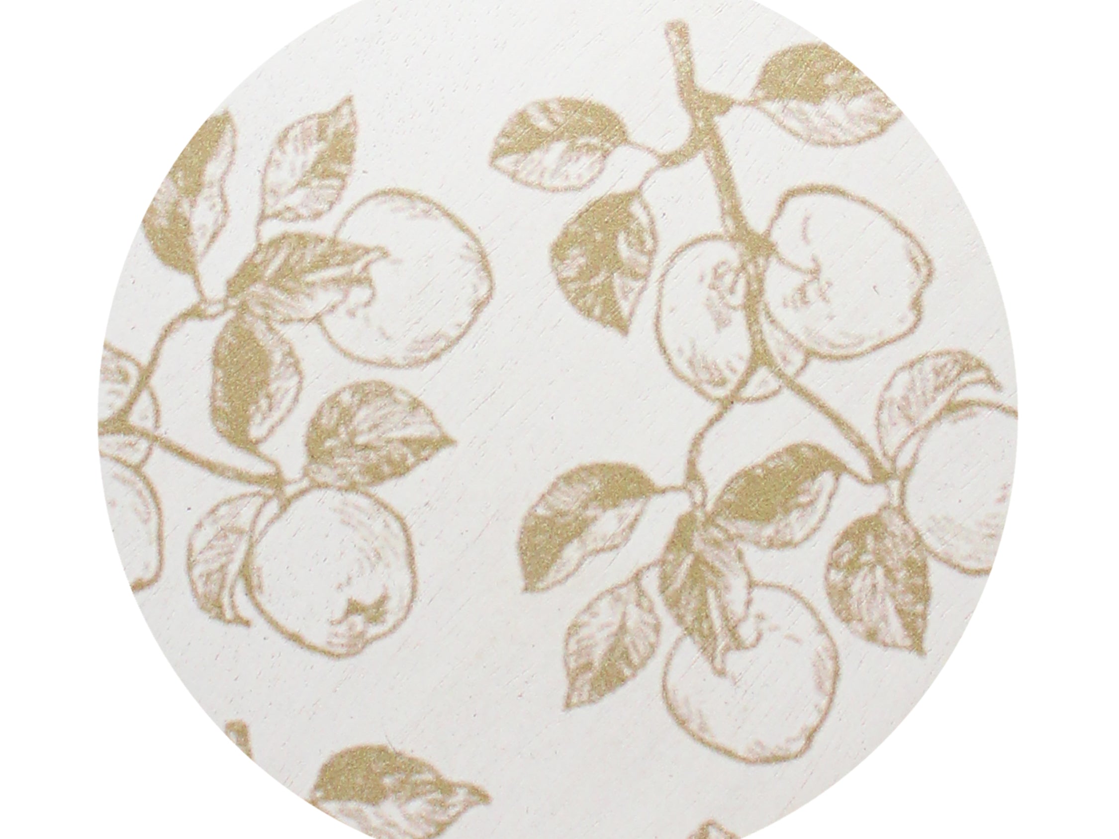 SAND + FOG candle lid top with gold apple leaf pattern on white