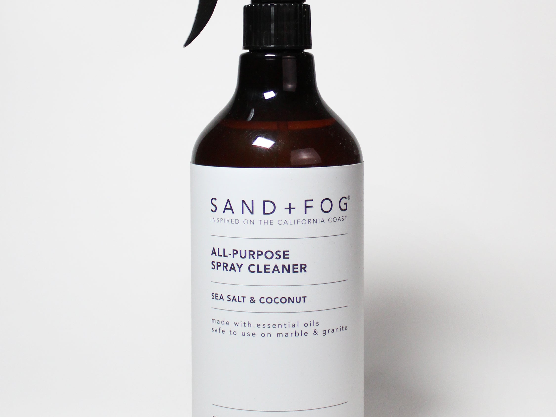 All-purpose spray cleaner bottle with black trigger sprayer, amber glass, Sea Salt & Coconut
