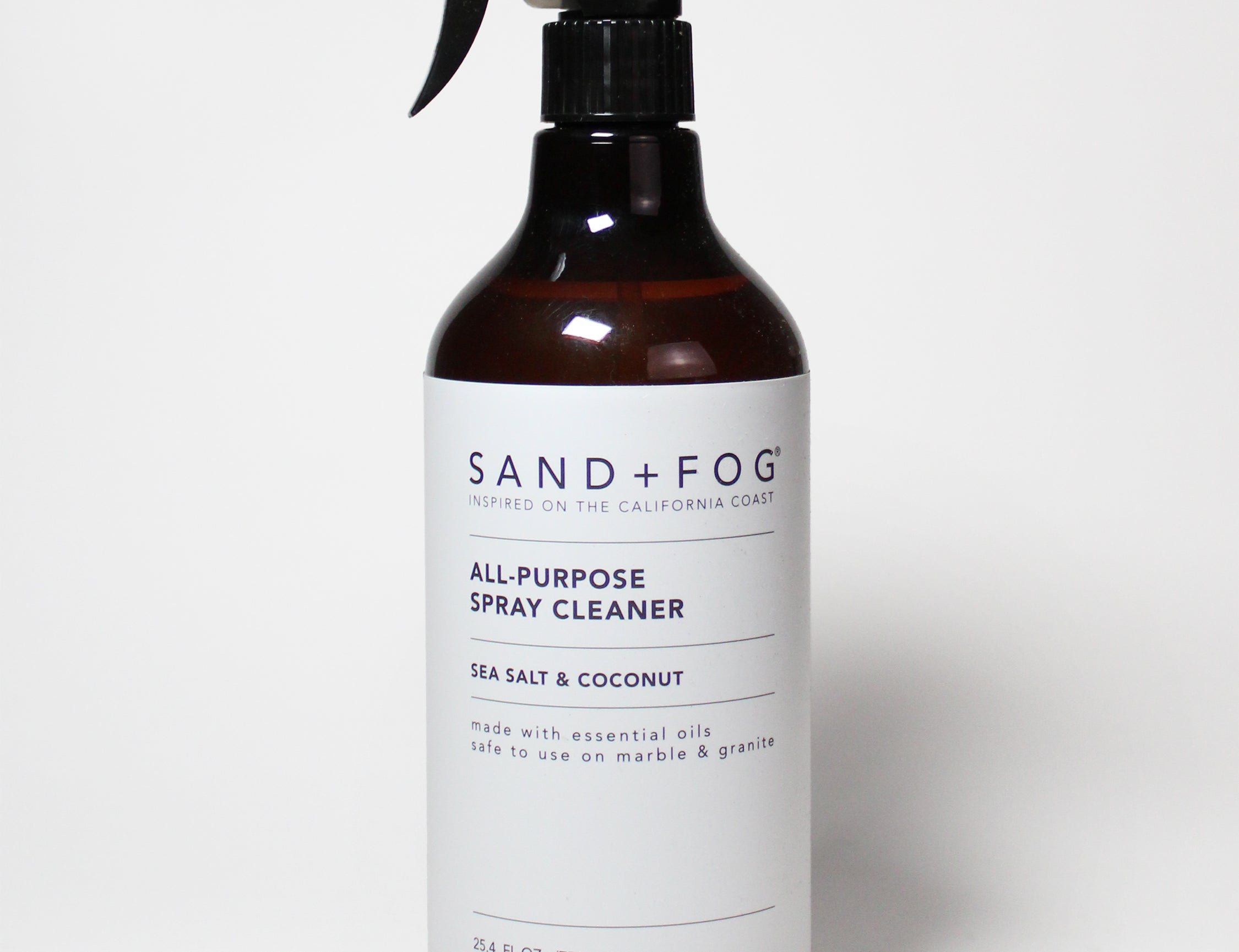 All-purpose spray cleaner bottle with black trigger sprayer, amber glass, Sea Salt & Coconut