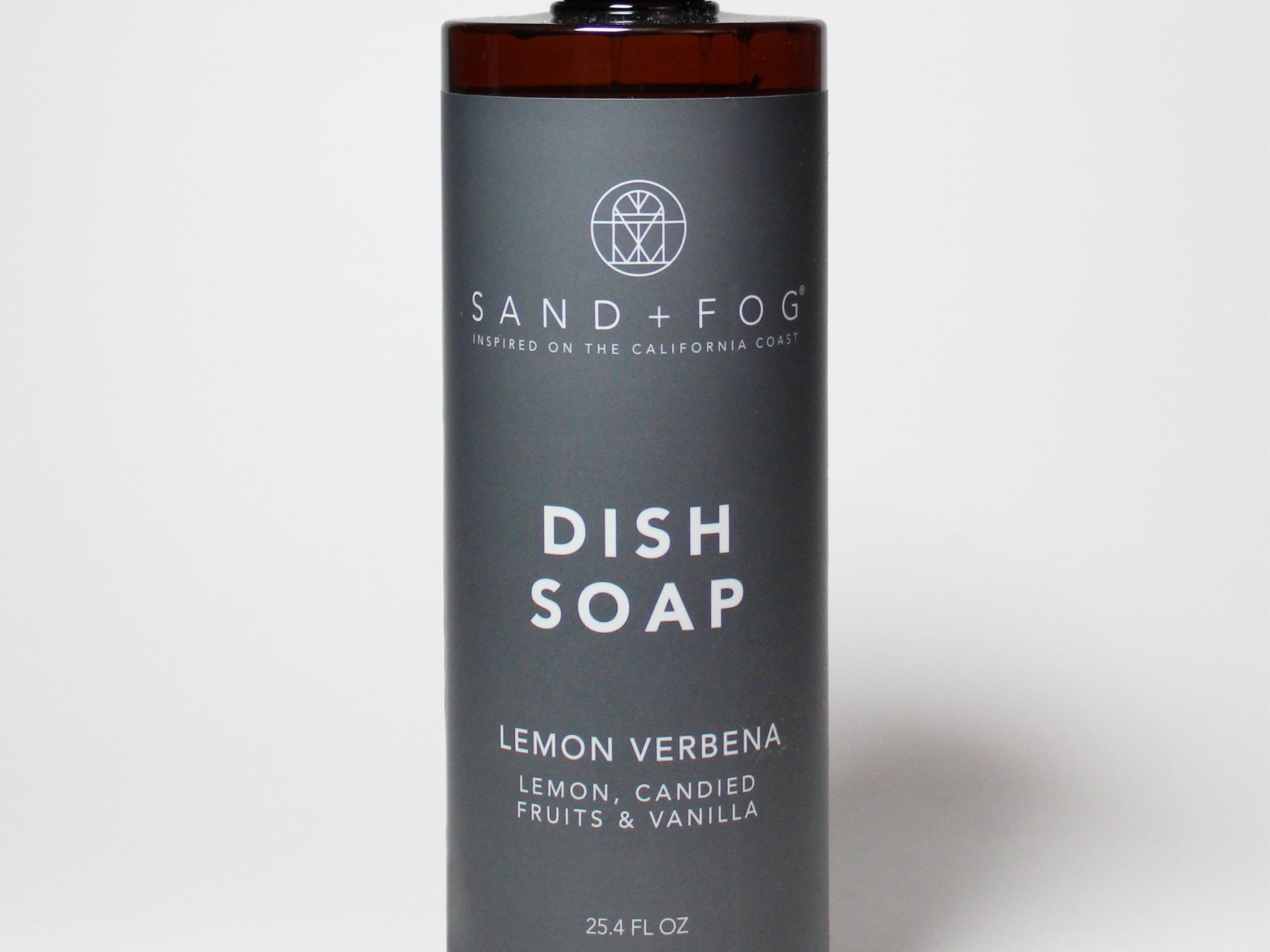 Amber pump-top dish soap bottle with Lemon Verbena label, 25.4 fl oz