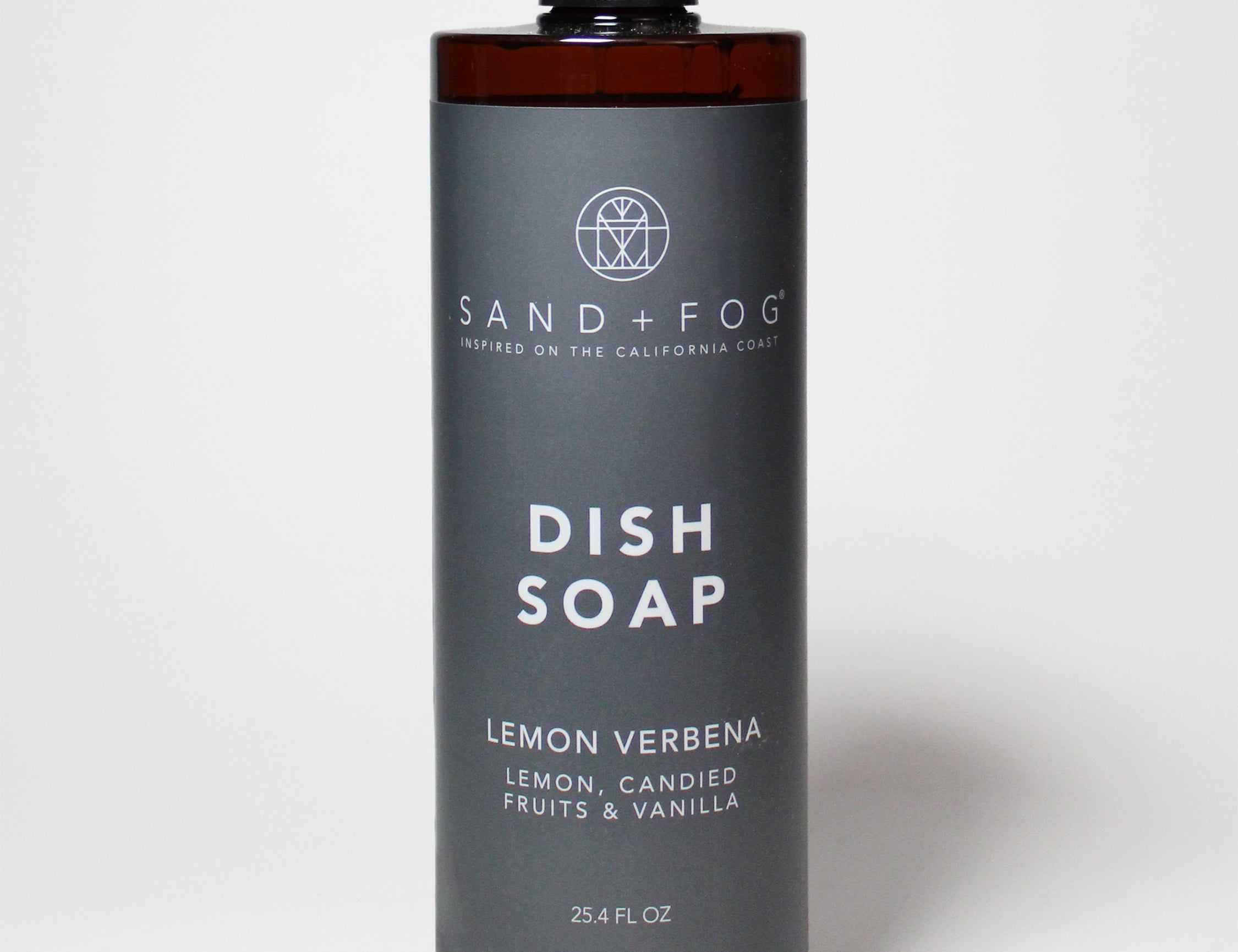 Amber pump-top dish soap bottle with Lemon Verbena label, 25.4 fl oz