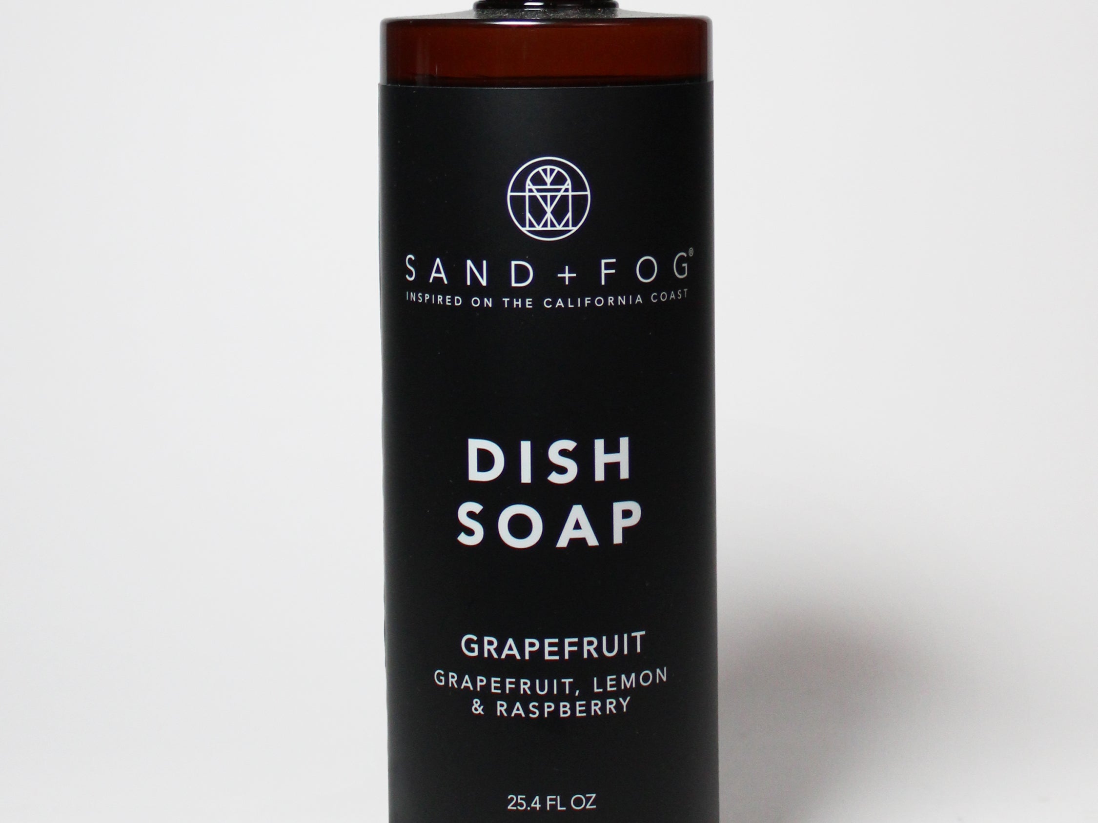 Dish soap bottle with grapefruit, lemon & raspberry label; black bottle with pump
