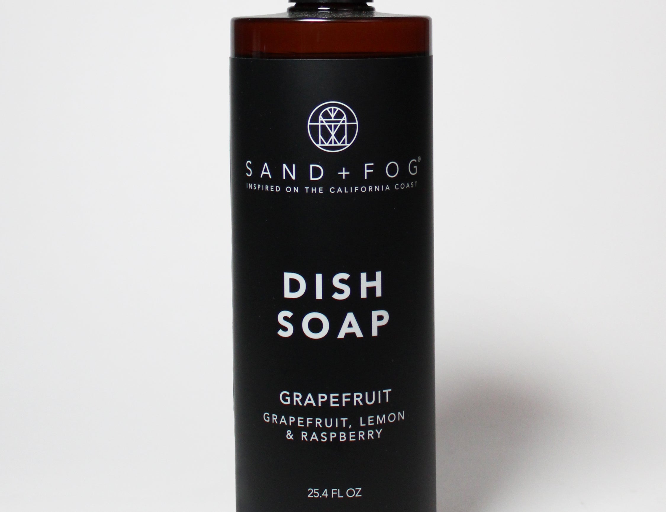 Dish soap bottle with grapefruit, lemon & raspberry label; black bottle with pump