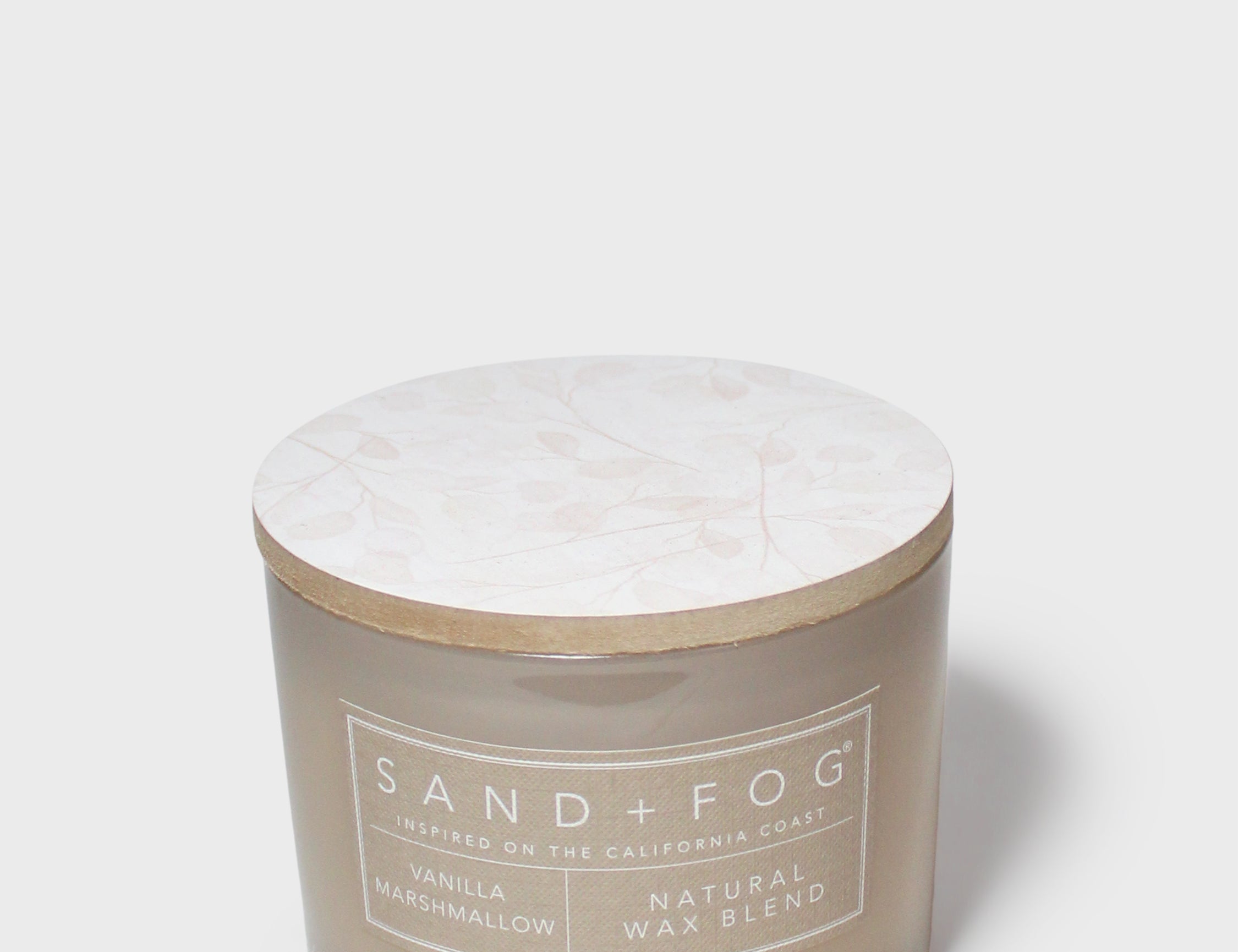 12 oz vanilla marshmallow scented candle in taupe glass, SAND + FOG, white marbled lid