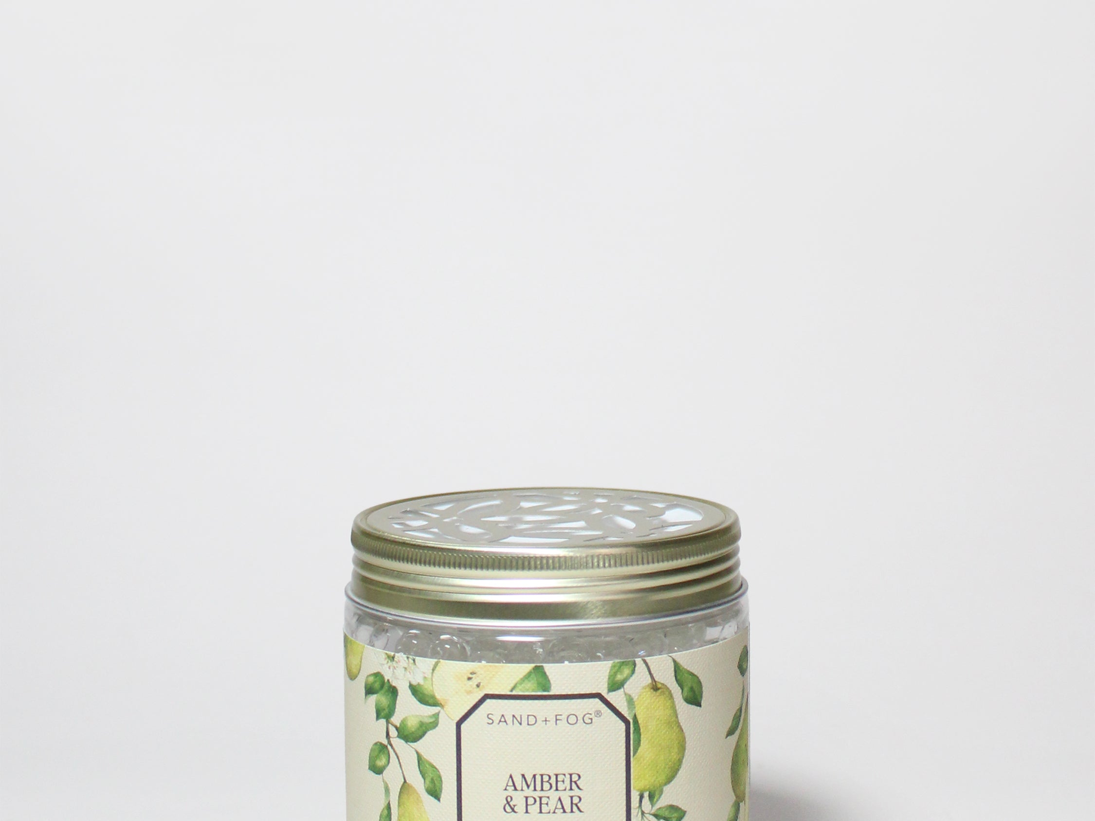 Amber & Pear gel scent beads jar with glass container and metal lid