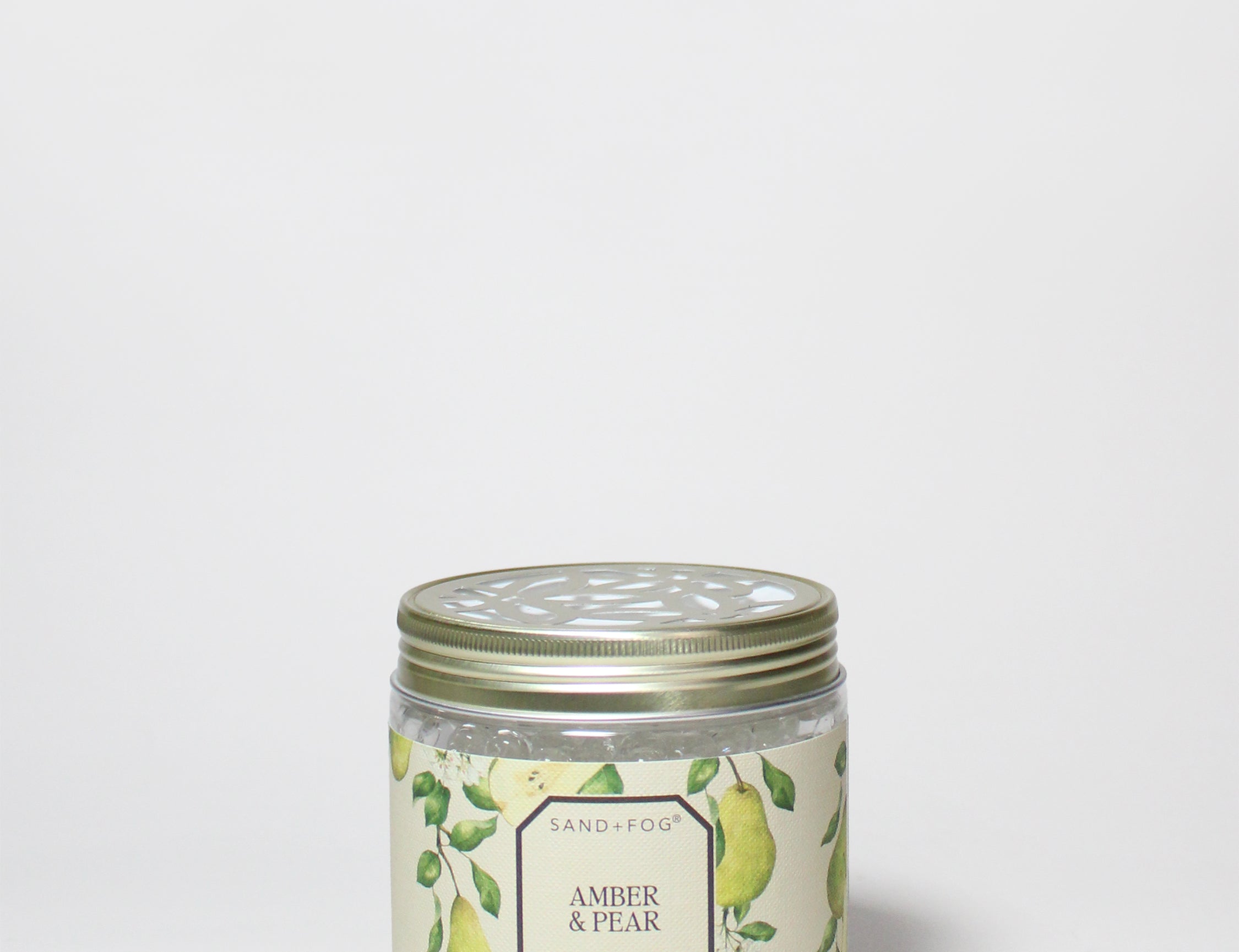 Amber & Pear gel scent beads jar with glass container and metal lid
