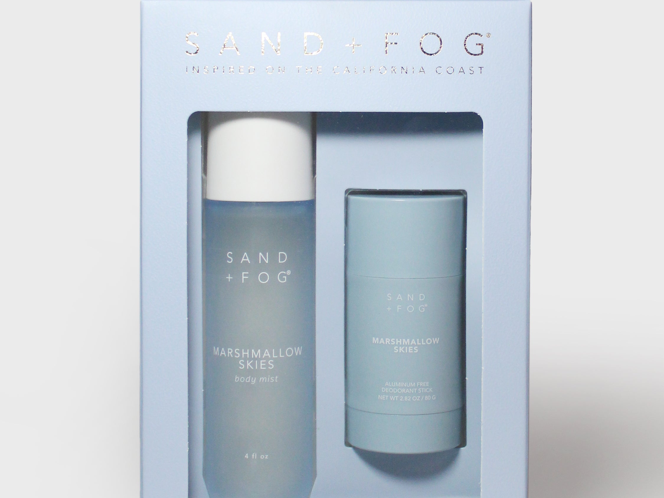 Sand & Fog Marshmallow Skies body mist & deodorant set, two bottles in box