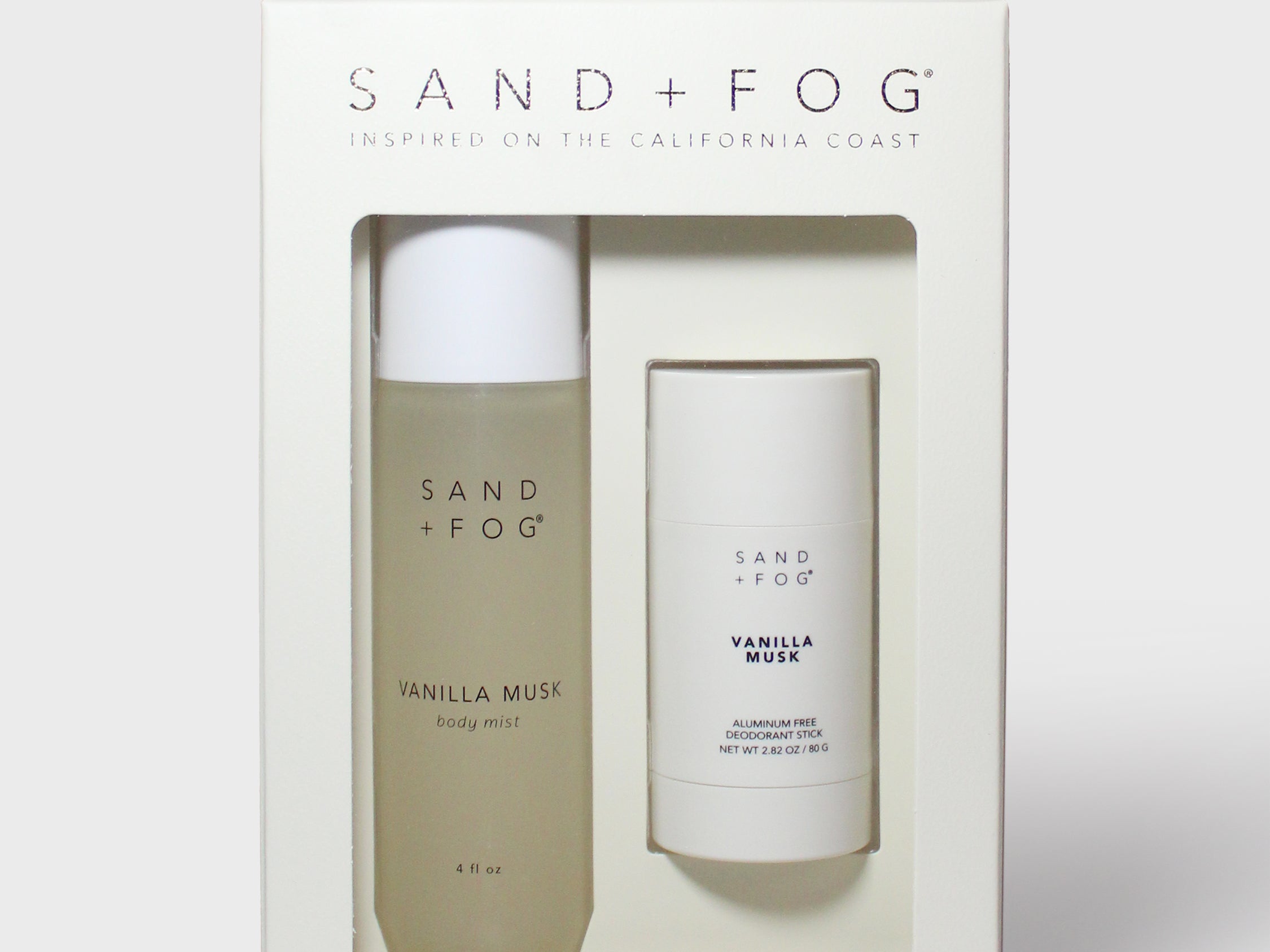 Vanilla musk body mist and deodorant set in gift box, with bottle and stick