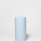 Pale blue deodorant container with white cap and vertical label