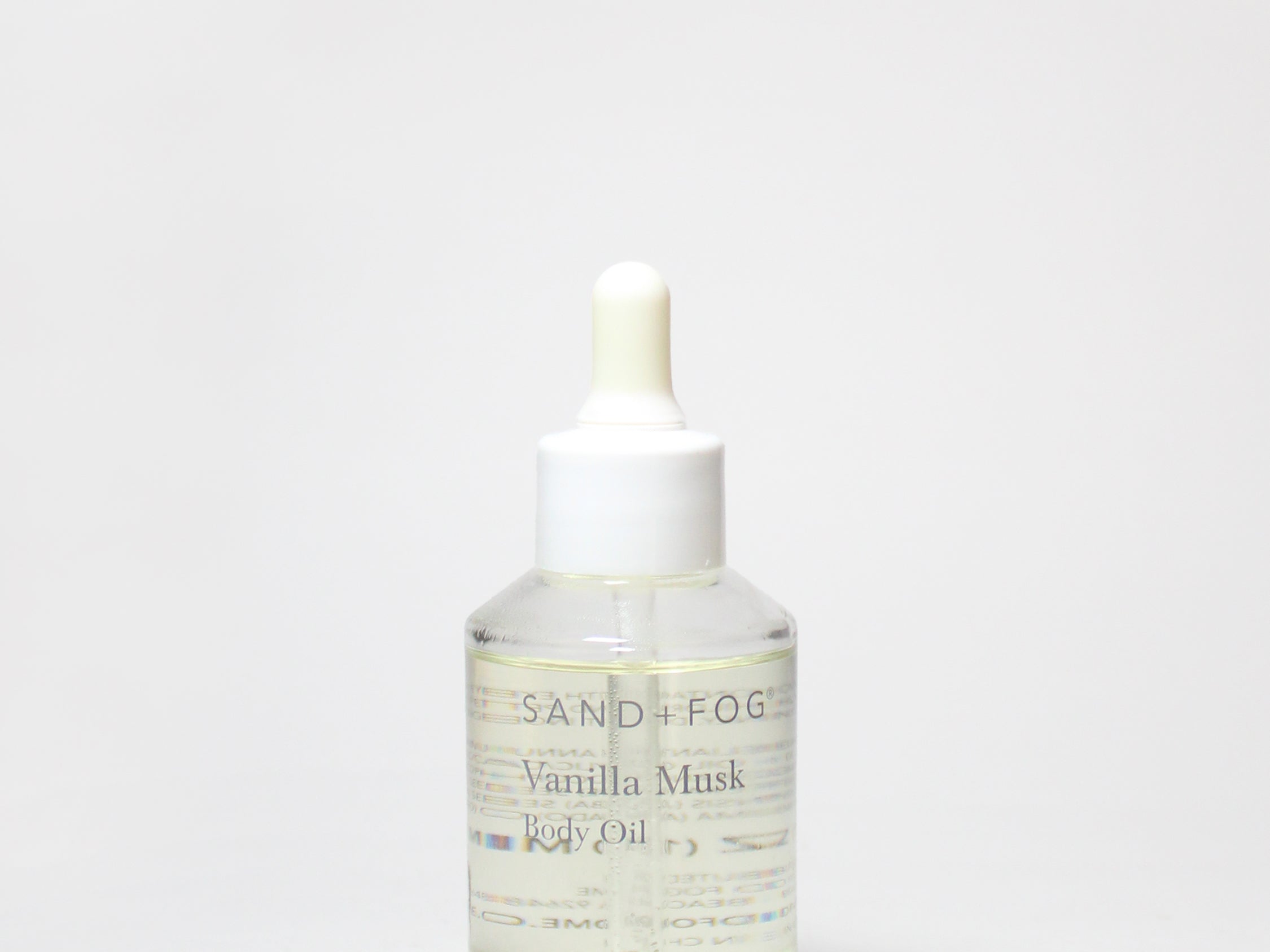 Vanilla musk perfume oil dropper bottle with white cap and glass vial