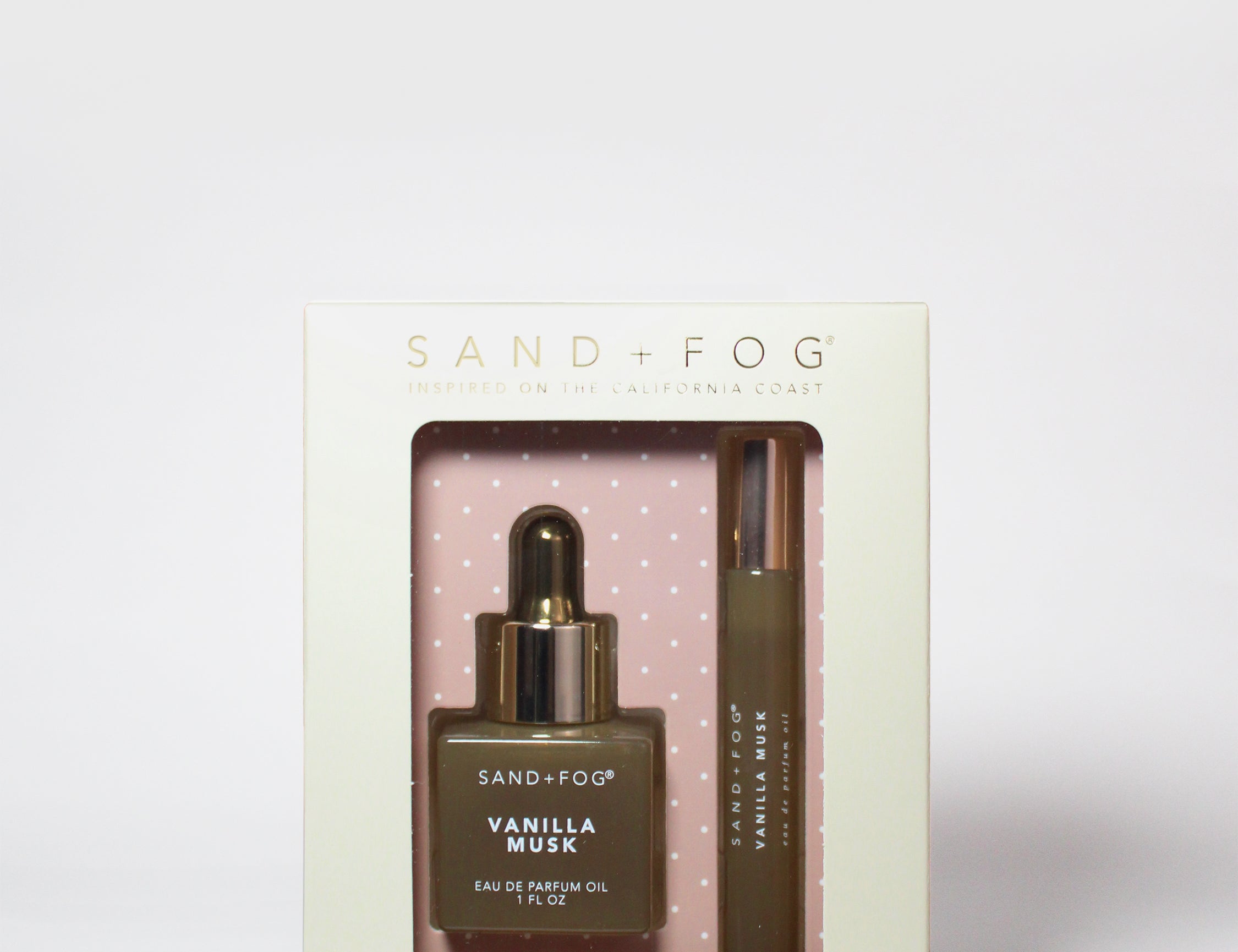 SAND+FOG perfume oil set in retail box, rollerball bottle and dropper vial