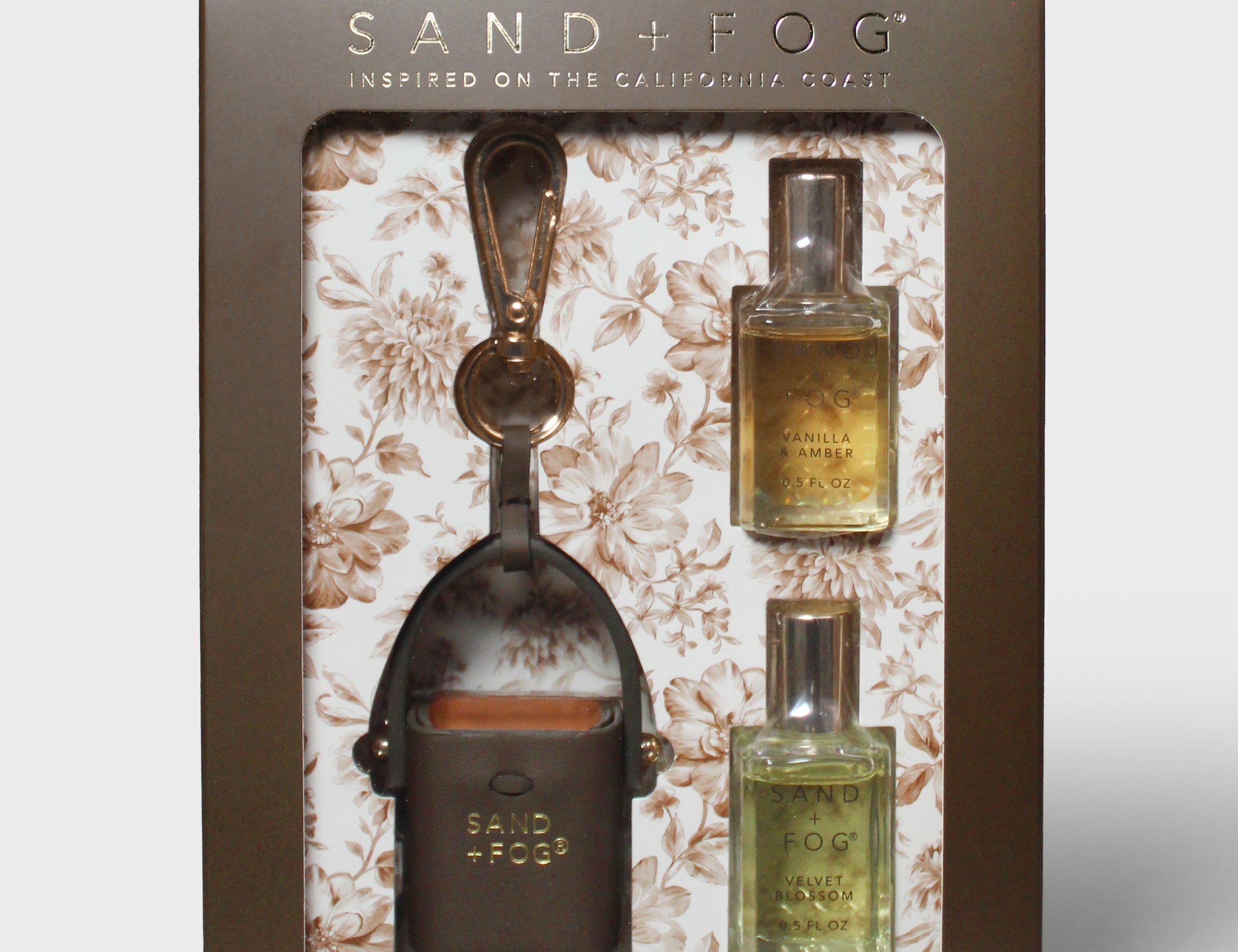 Sand+Fog brown toile perfume oil rollerball set with bag charm, two refillable bottles