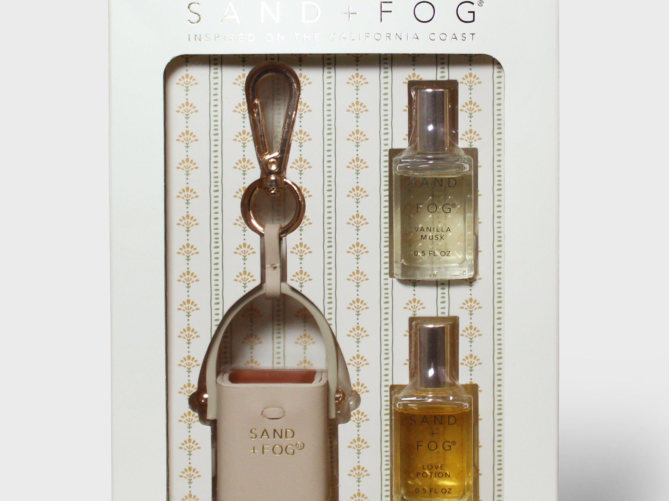 Refillable perfume oil rollerball set with two tan/gold bottles in box