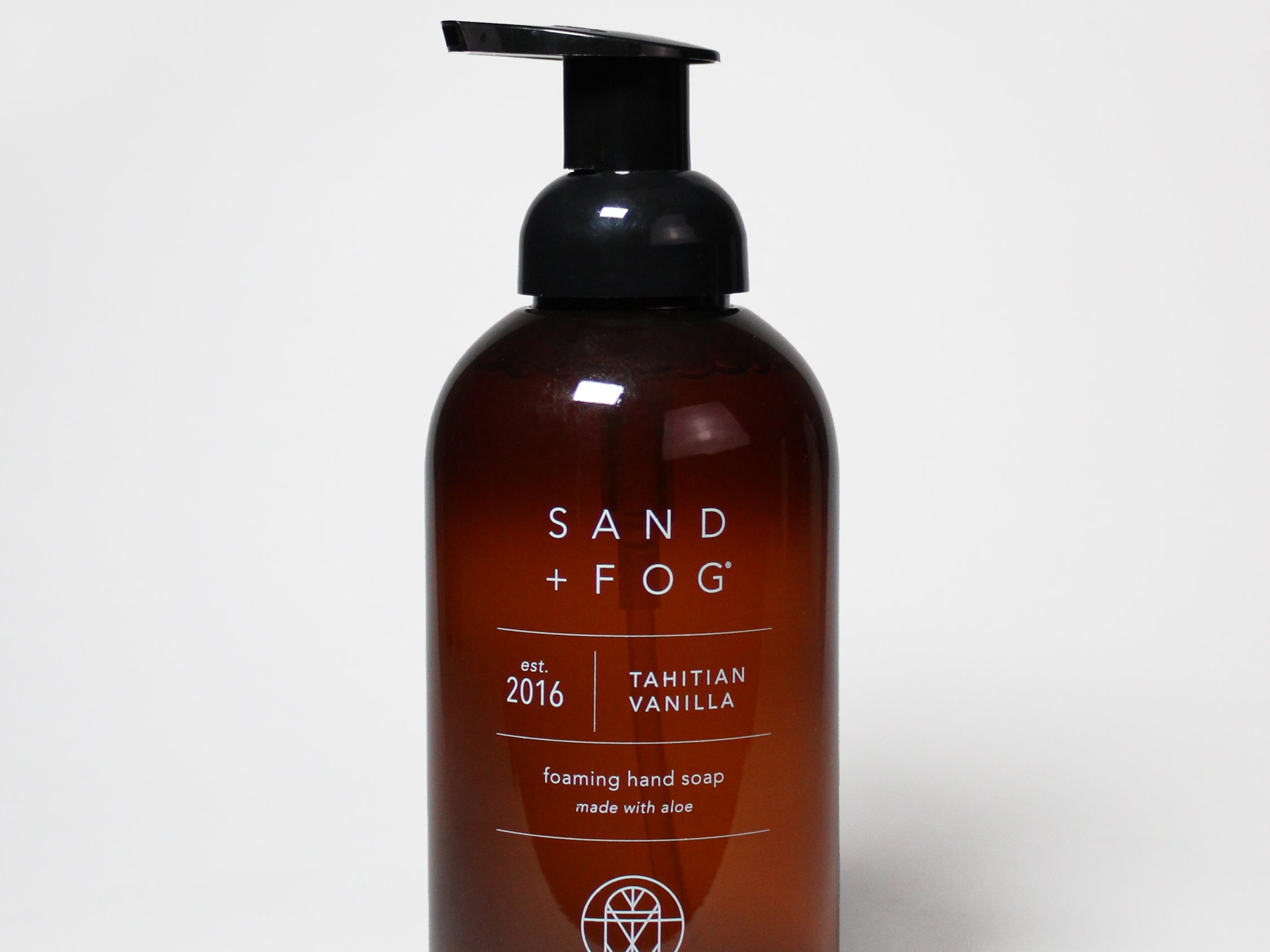 Tahitian vanilla foaming hand soap bottle with black pump, amber bottle, 11 oz