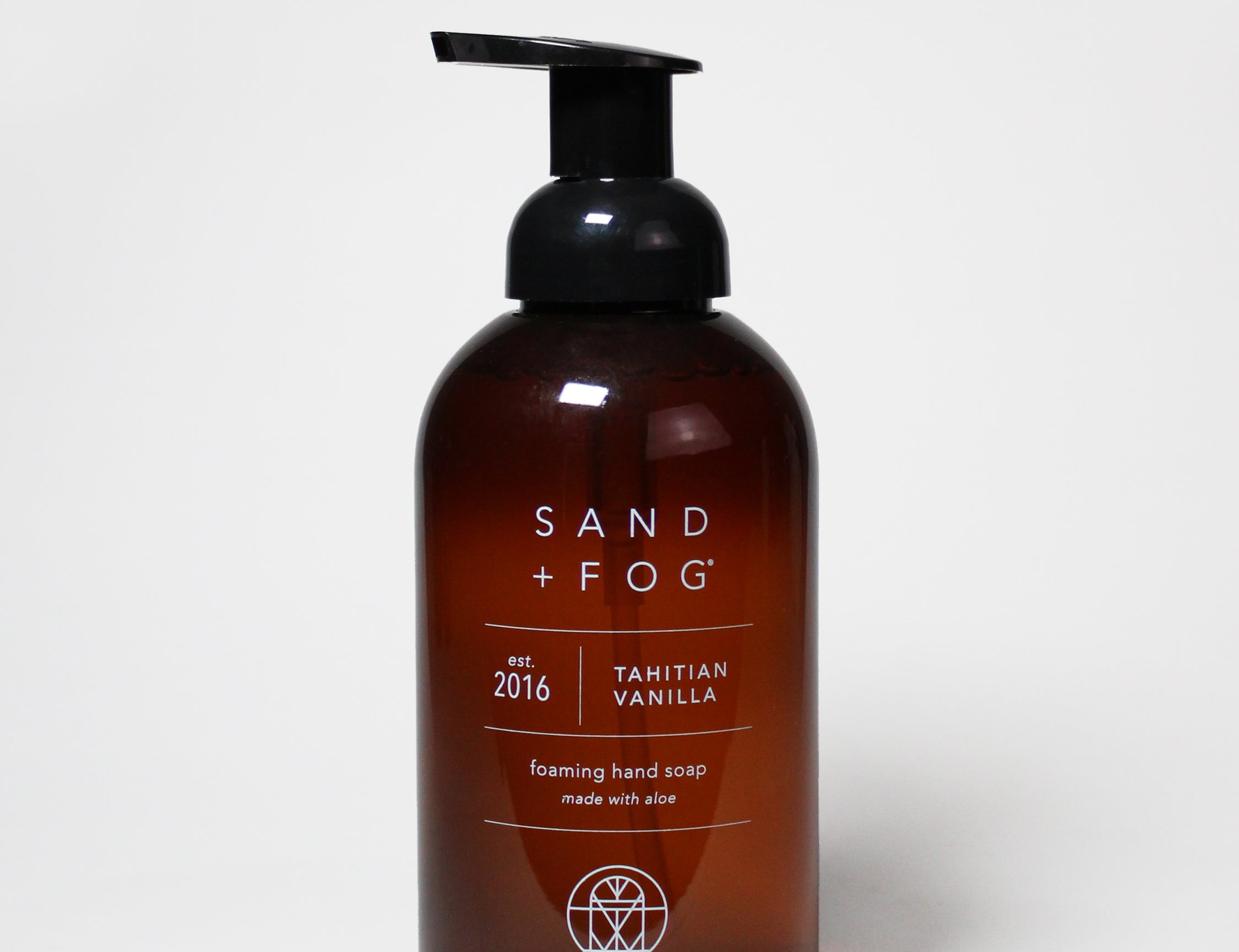 Tahitian vanilla foaming hand soap bottle with black pump, amber bottle, 11 oz