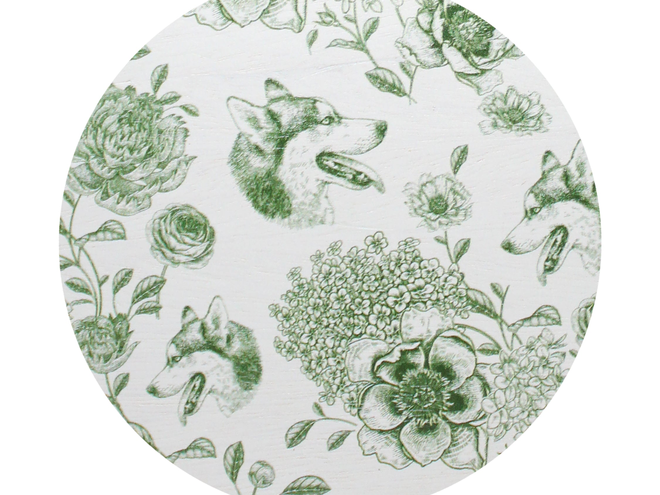 Round candle lid with green botanical pattern on white background