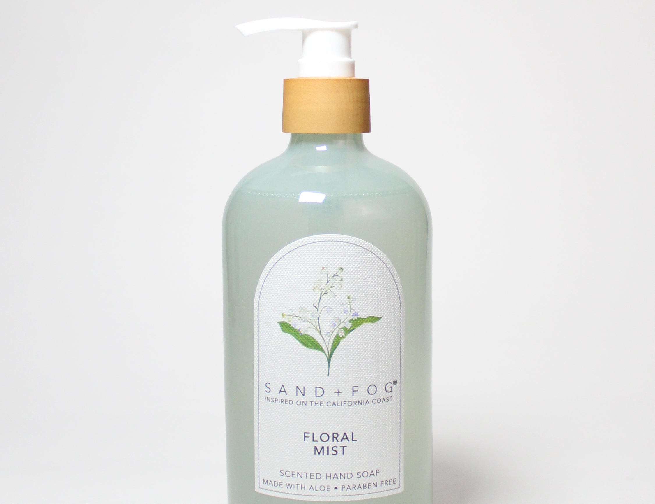 Light teal liquid hand soap bottle with white pump, Floral Mist label