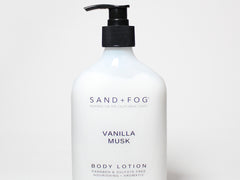 Vanilla Musk body lotion bottle with pump; white bottle and black dispenser