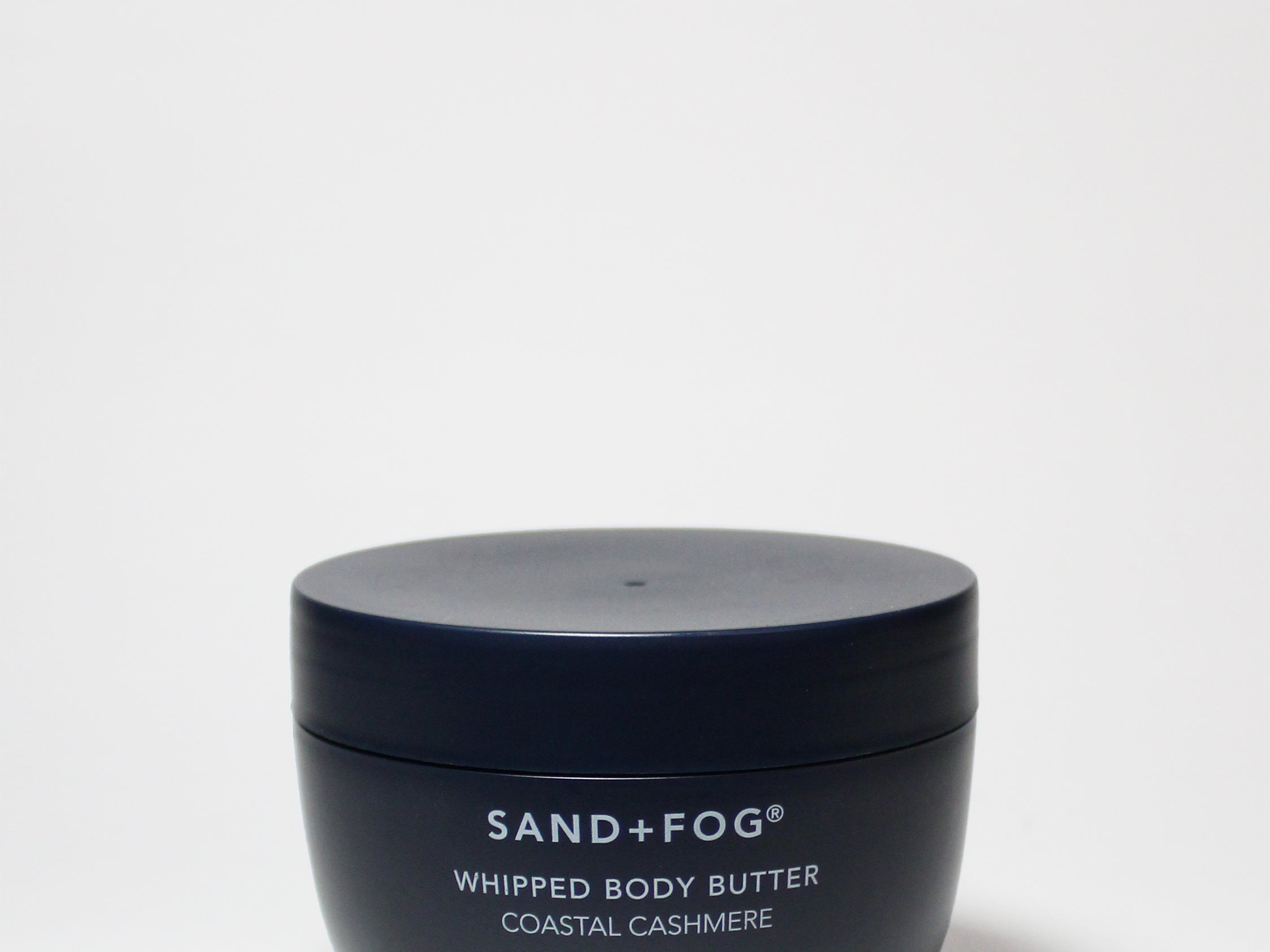 Whipped body butter jar with Sand+Fog label, Coastal Cashmere, dark container
