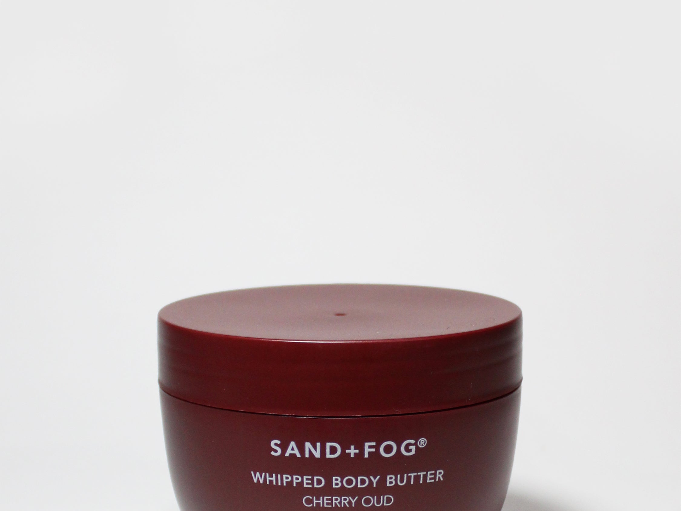 Sand+Fog whipped body butter in dark red jar, Cherry Oud, 16.9 oz