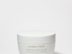 Whipped body butter jar, white plastic with SAND+FOG label, marshmallow cashmere
