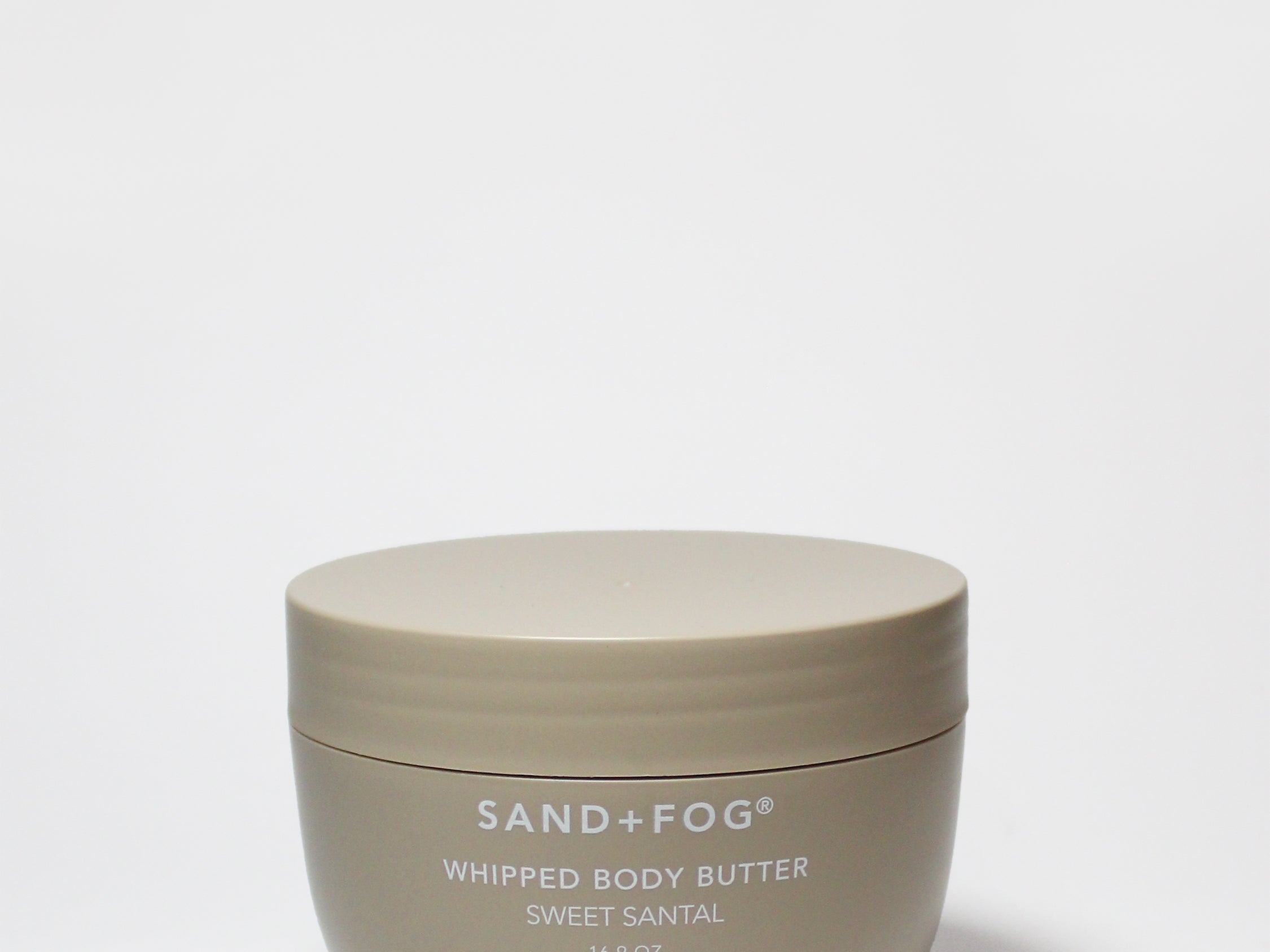 Whipped body butter jar by SAND+FOG, beige container with screw lid, Sweet Santal label