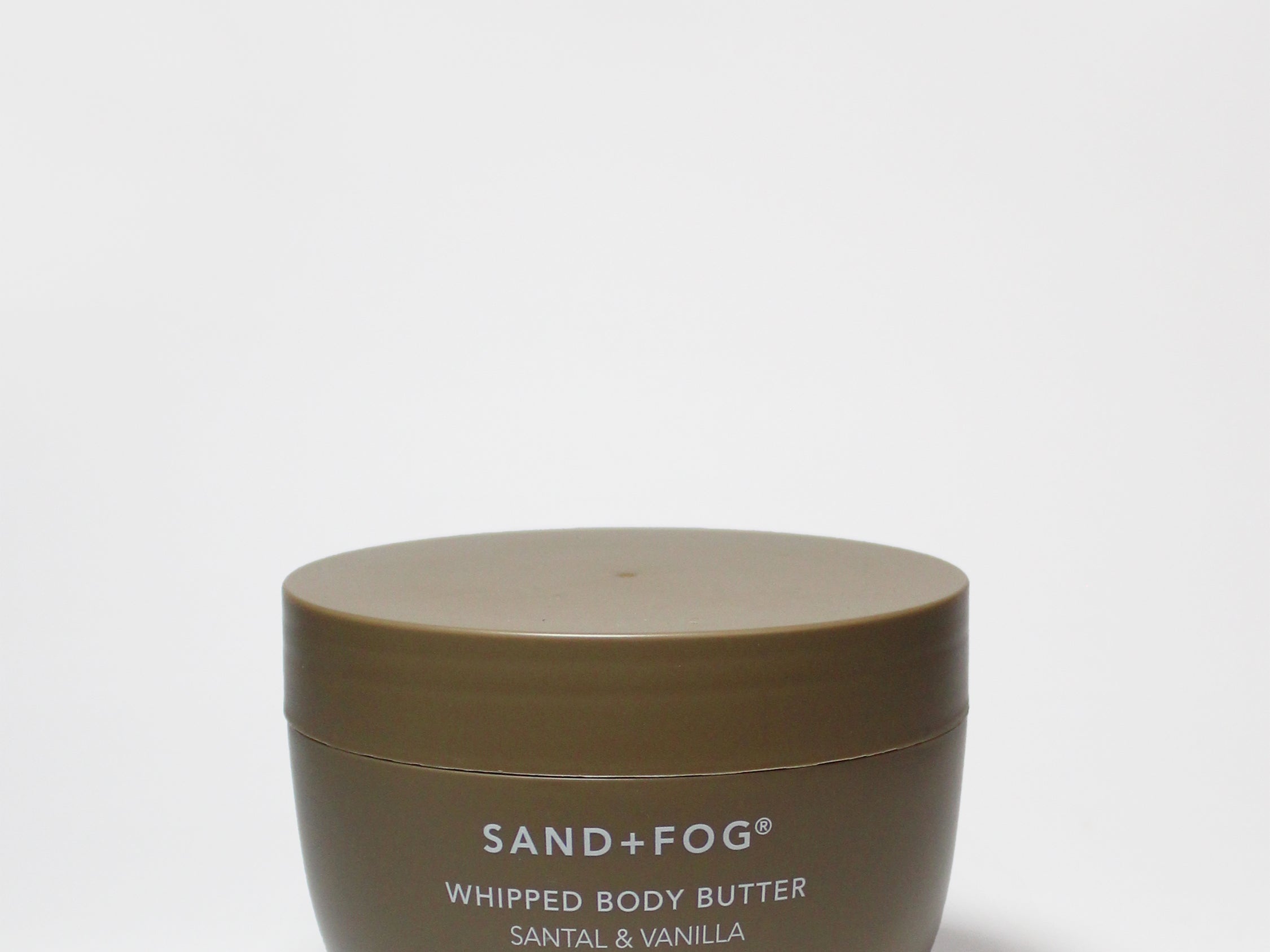 Whipped body butter jar, brown with SANTAL & VANILLA label and flat lid (16.9 oz)